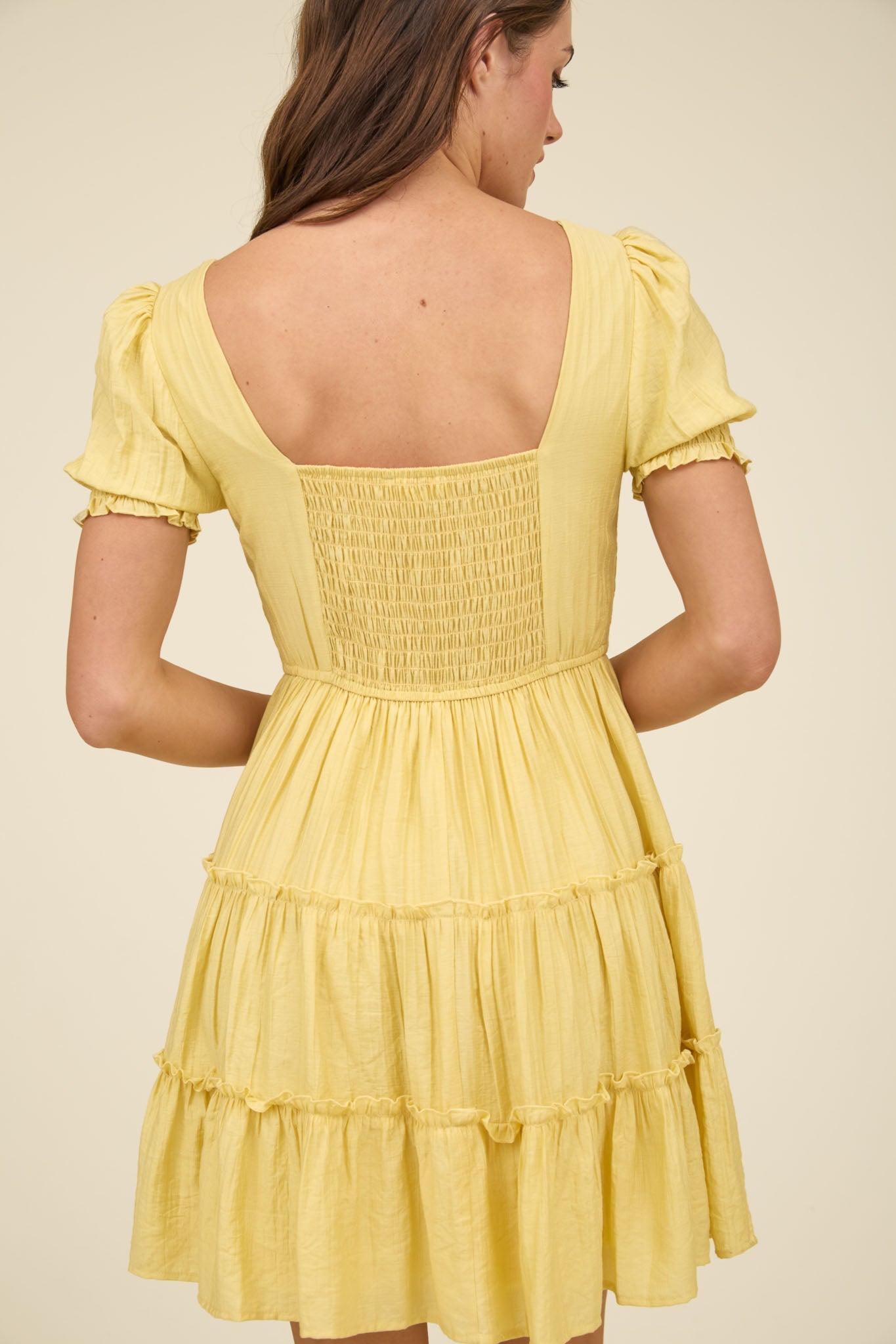 Square Neck Smocked Detail Tiered Mini Dress