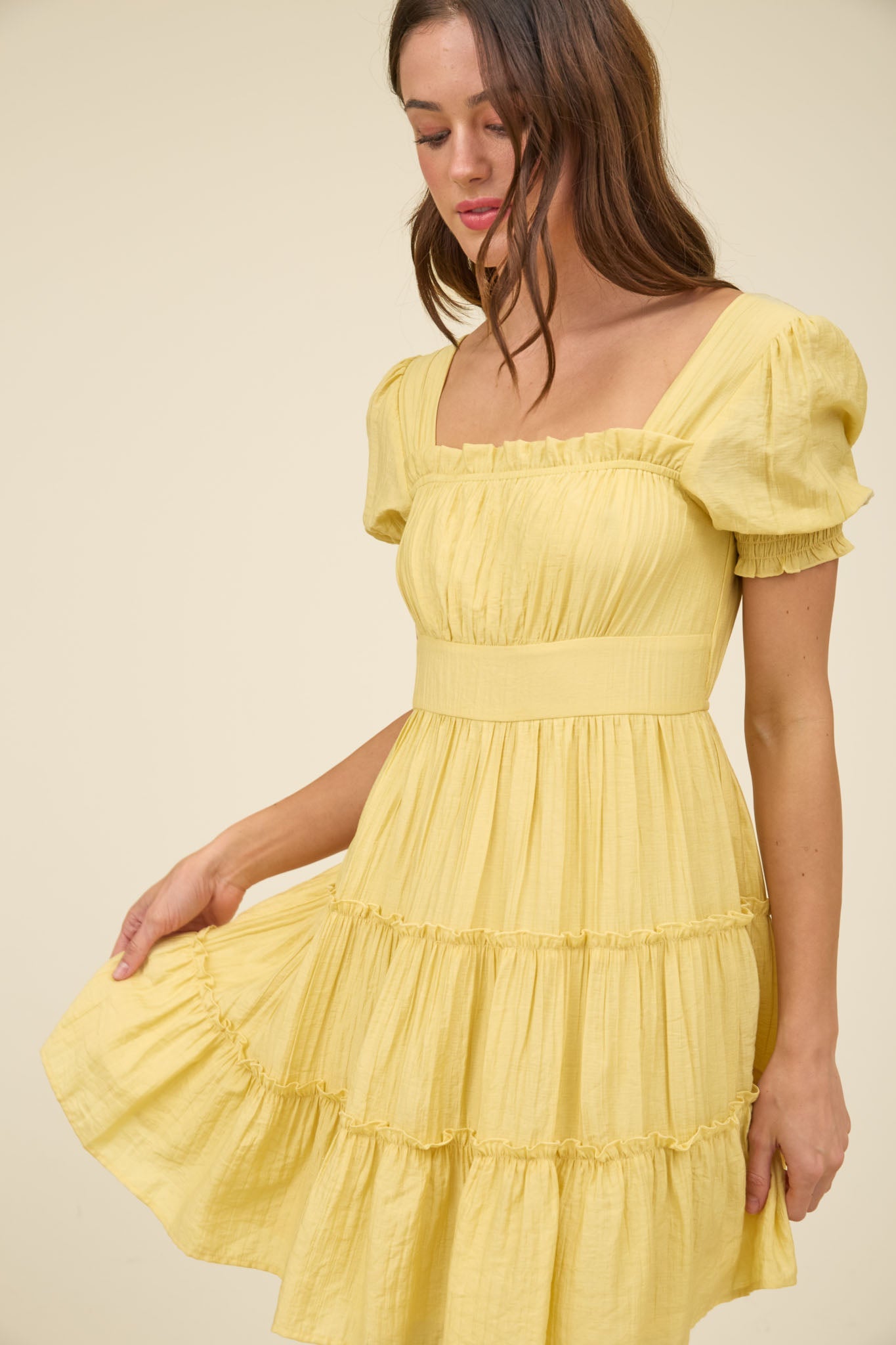 Square Neck Smocked Detail Tiered Mini Dress