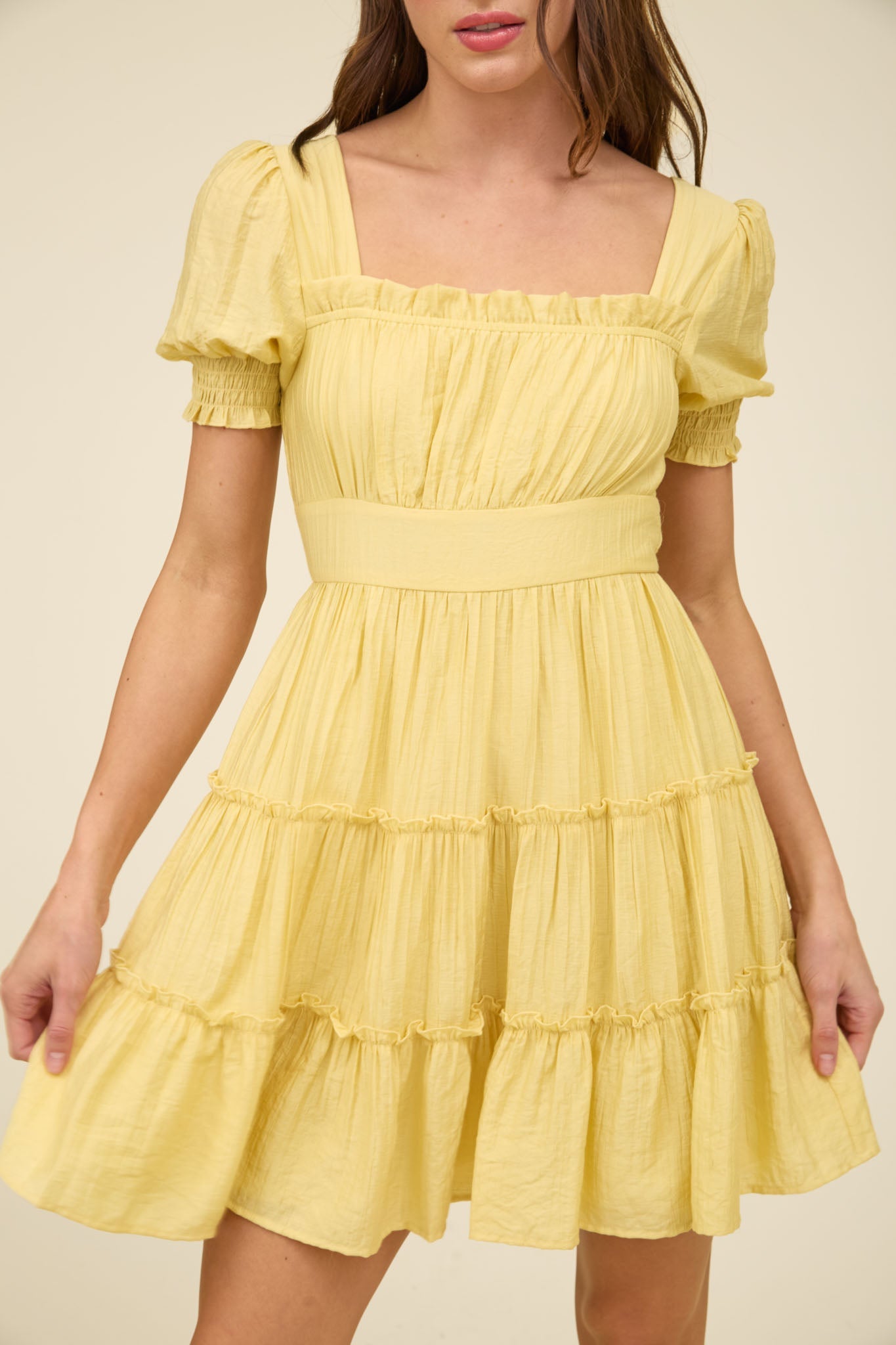 Square Neck Smocked Detail Tiered Mini Dress