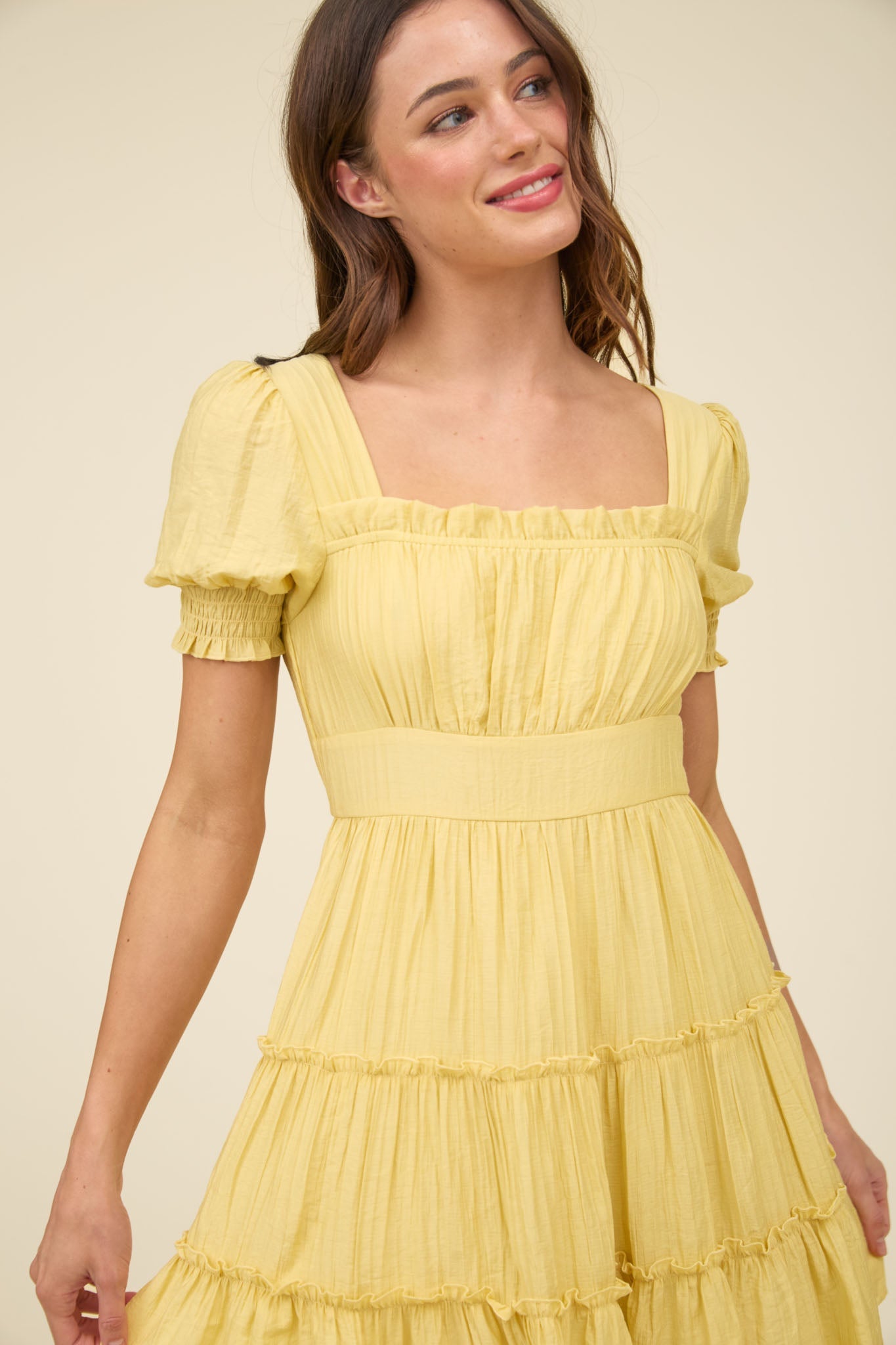 Square Neck Smocked Detail Tiered Mini Dress