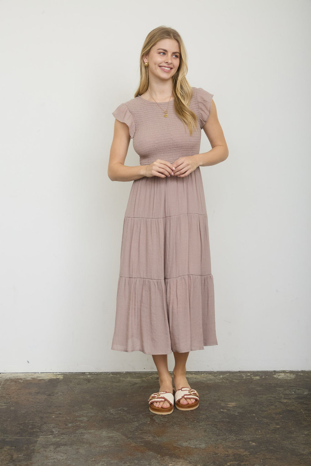 Tiered Smocked Short Sleeve Midi Dress
