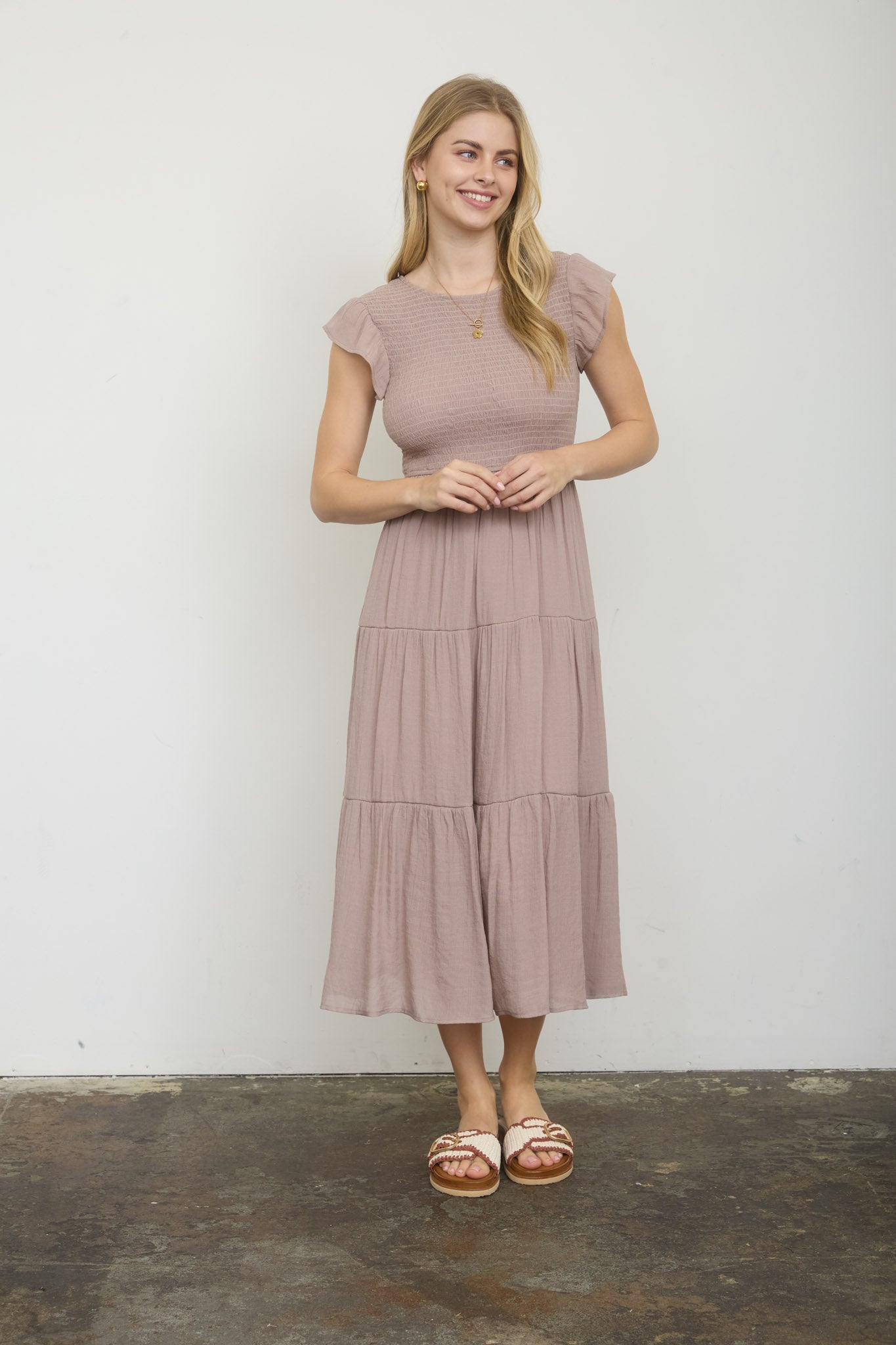 Tiered Smocked Short Sleeve Midi Dress
