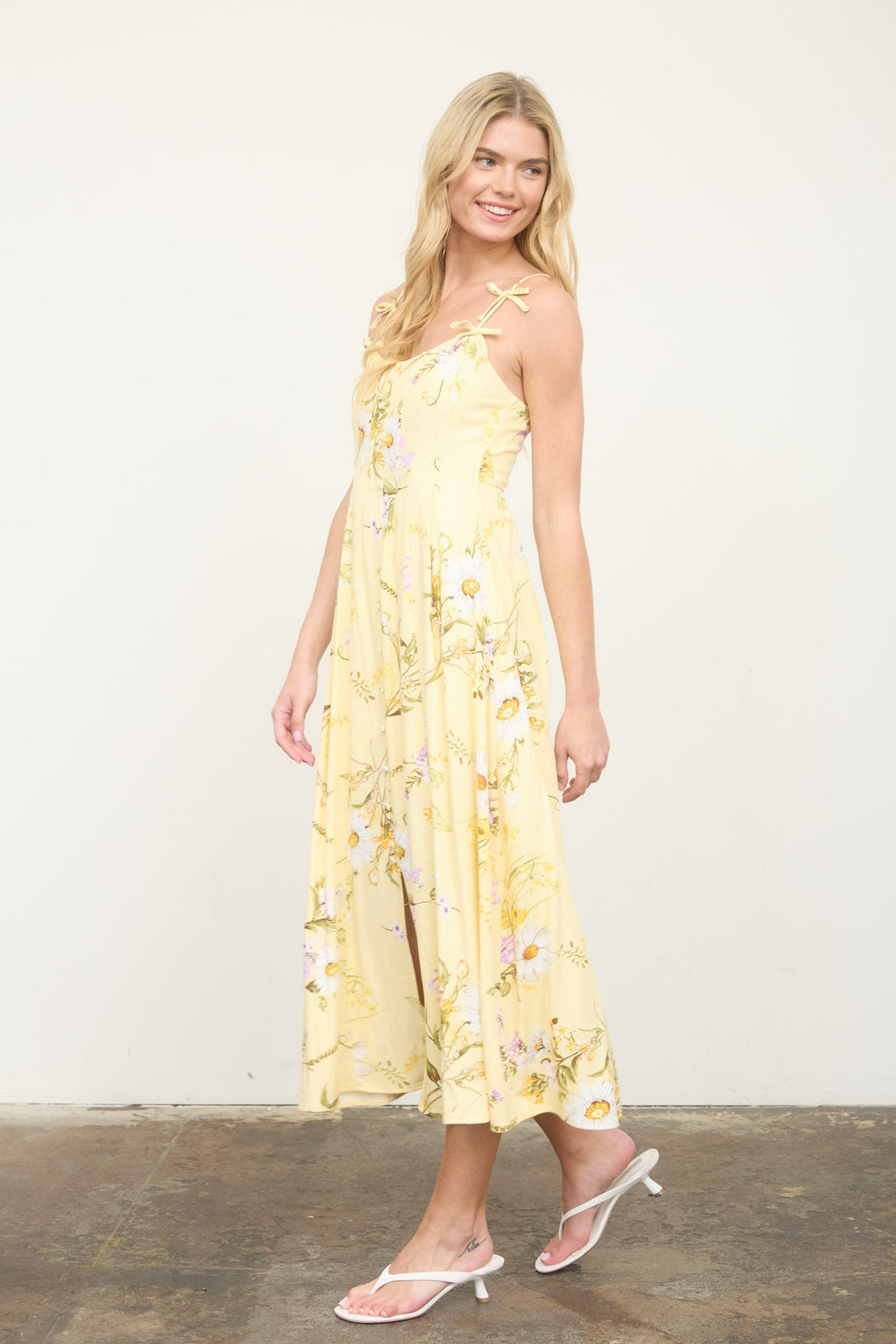 Floral Spaghetti Strap With Bow Detail Midi Dress