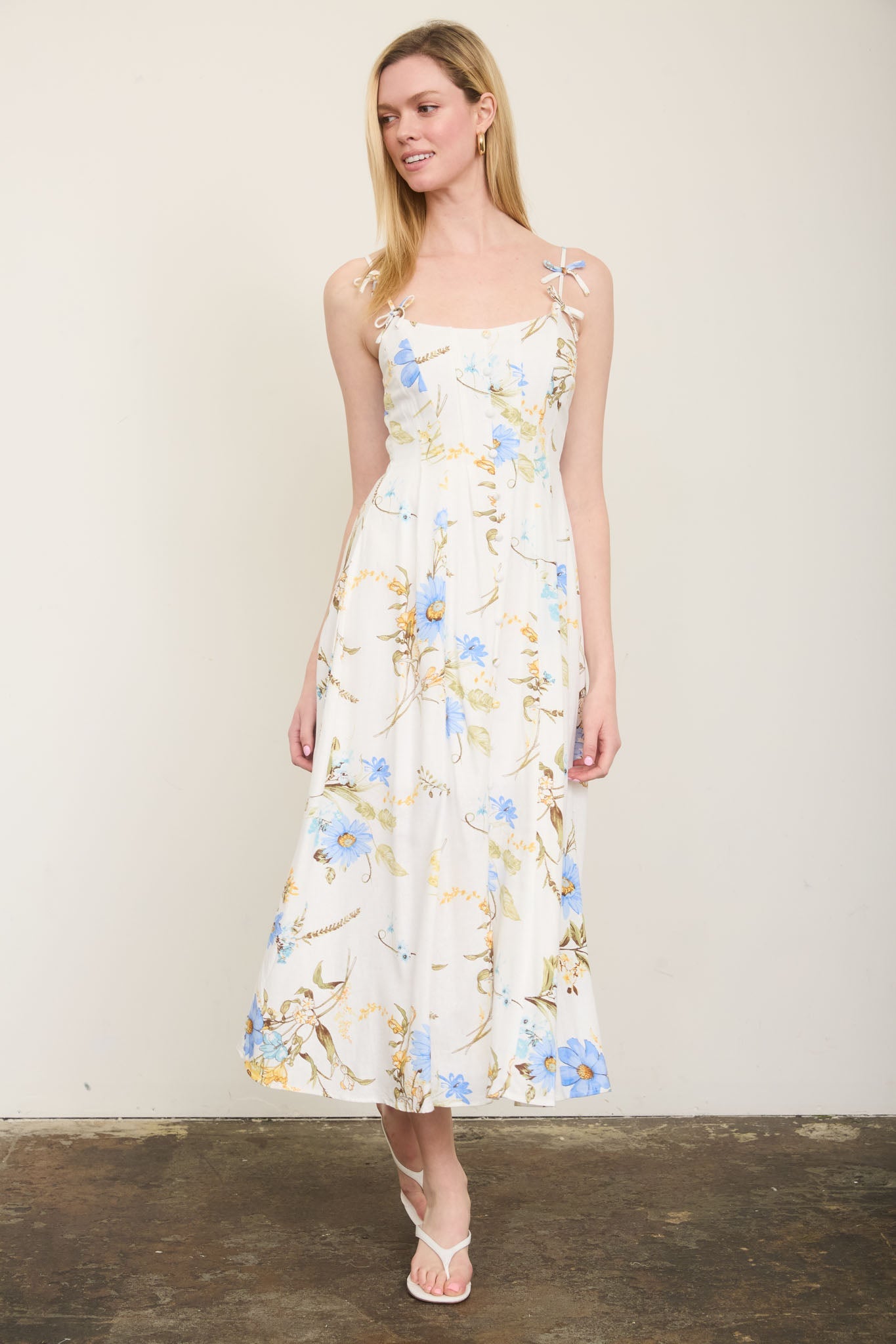 Floral Spaghetti Strap With Bow Detail Midi Dress