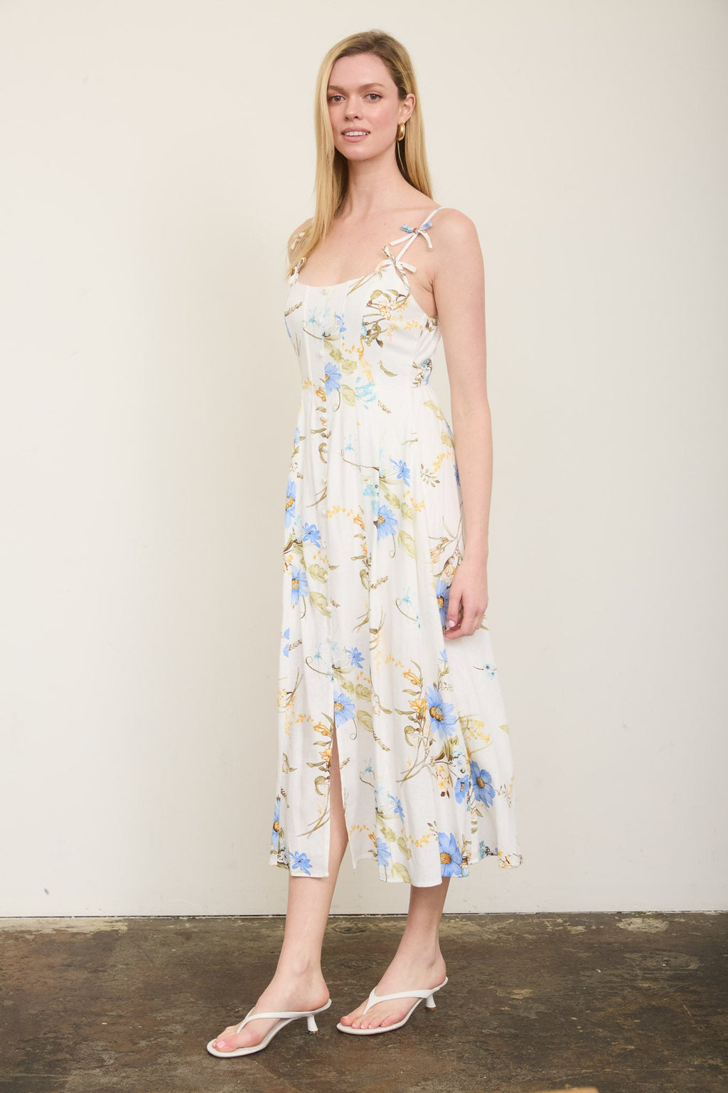 Floral Spaghetti Strap With Bow Detail Midi Dress