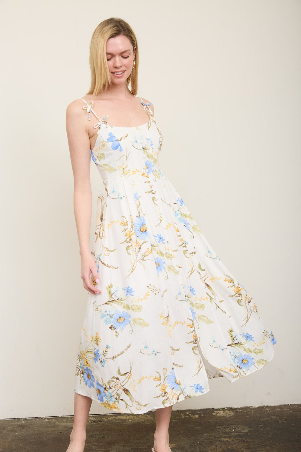 Floral Spaghetti Strap With Bow Detail Midi Dress