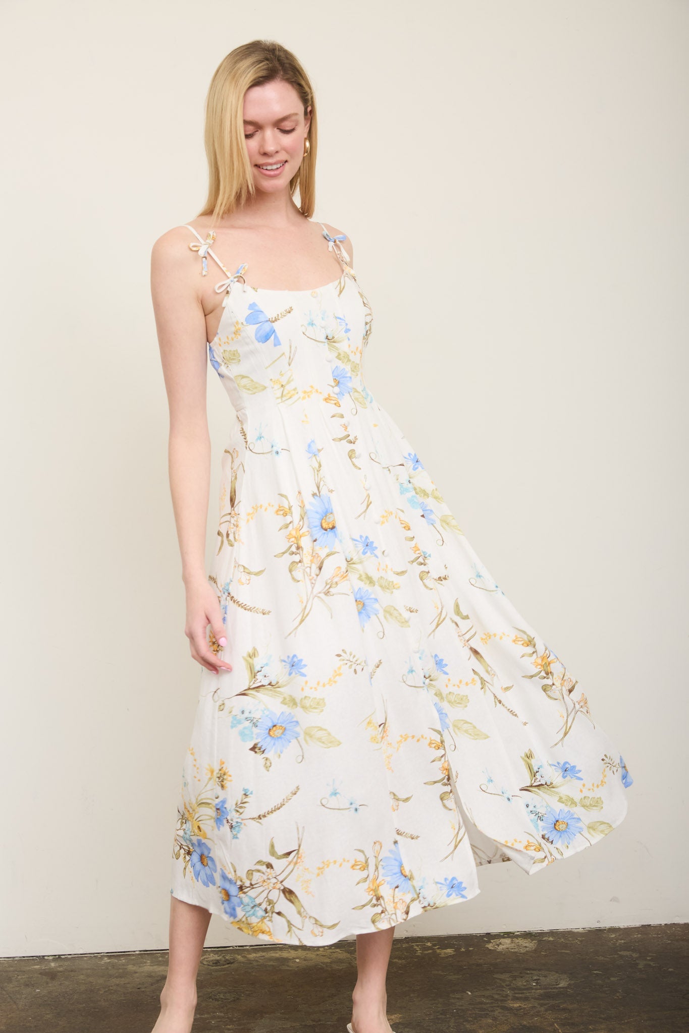 Floral Spaghetti Strap With Bow Detail Midi Dress