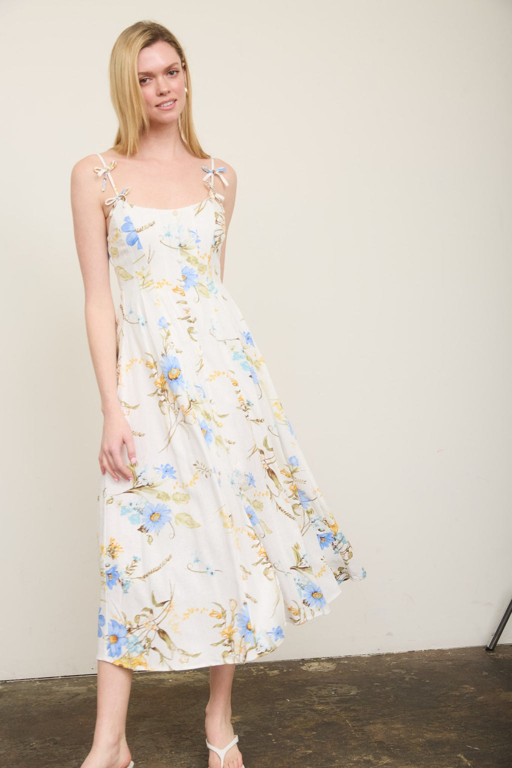 Floral Spaghetti Strap With Bow Detail Midi Dress