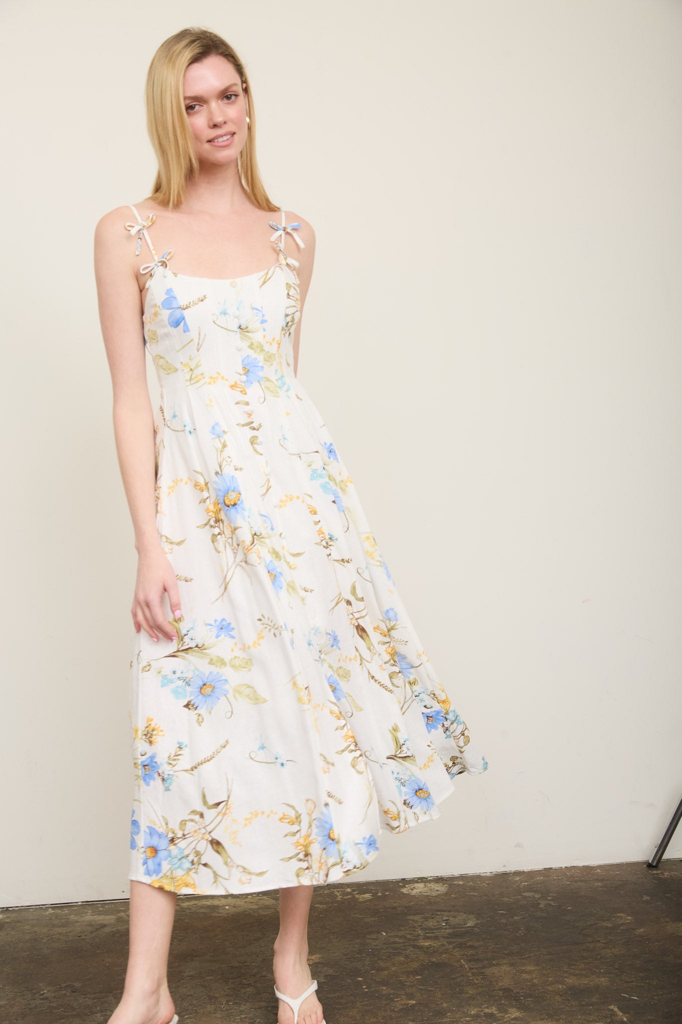 Floral Spaghetti Strap With Bow Detail Midi Dress