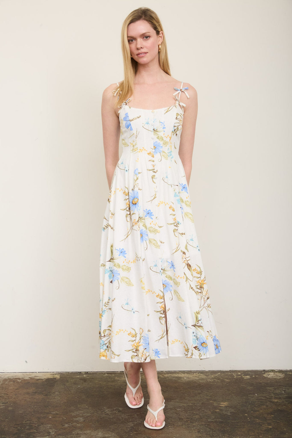 Floral Spaghetti Strap With Bow Detail Midi Dress