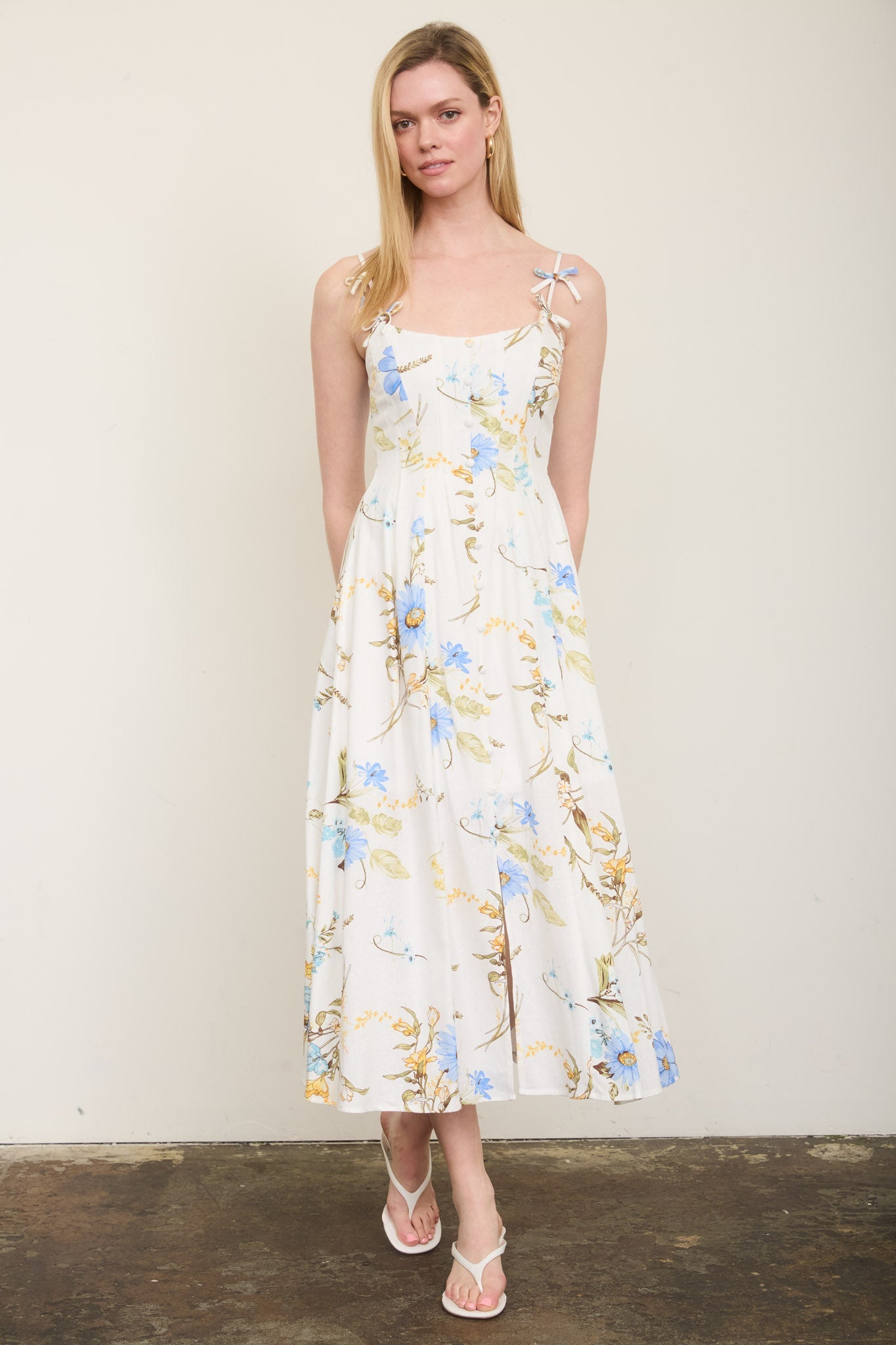 Floral Spaghetti Strap With Bow Detail Midi Dress