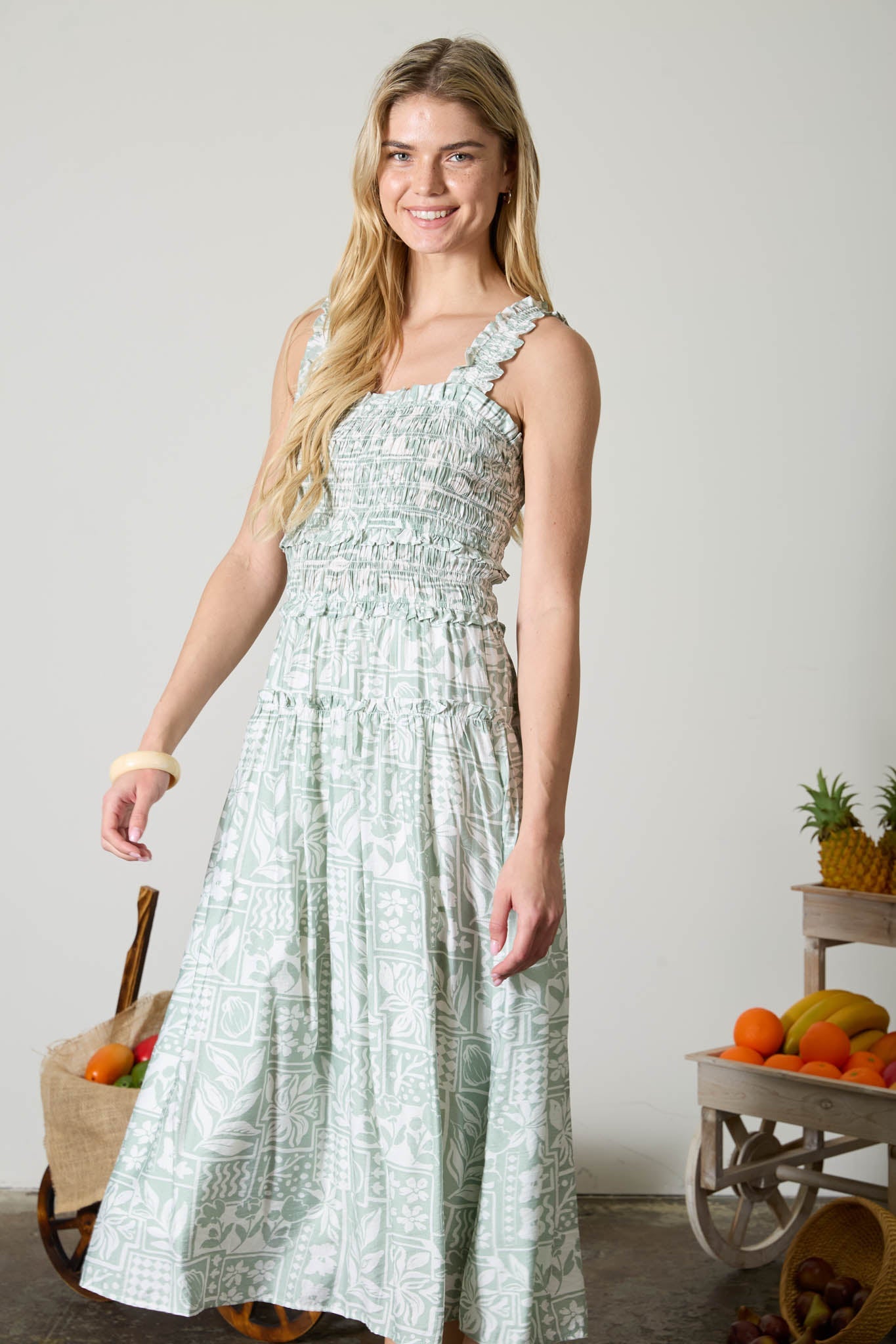Tile Pattern Smocked Ruffle Strap Midi Dress