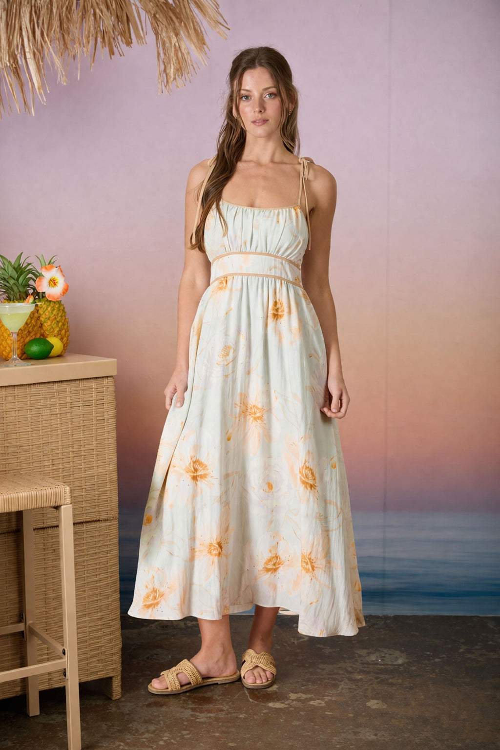 Watercolor Floral Spaghetti Tie Strap Midi Dress
