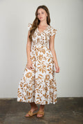 Floral Leaf Print Smocked Mock Button Midi Dress