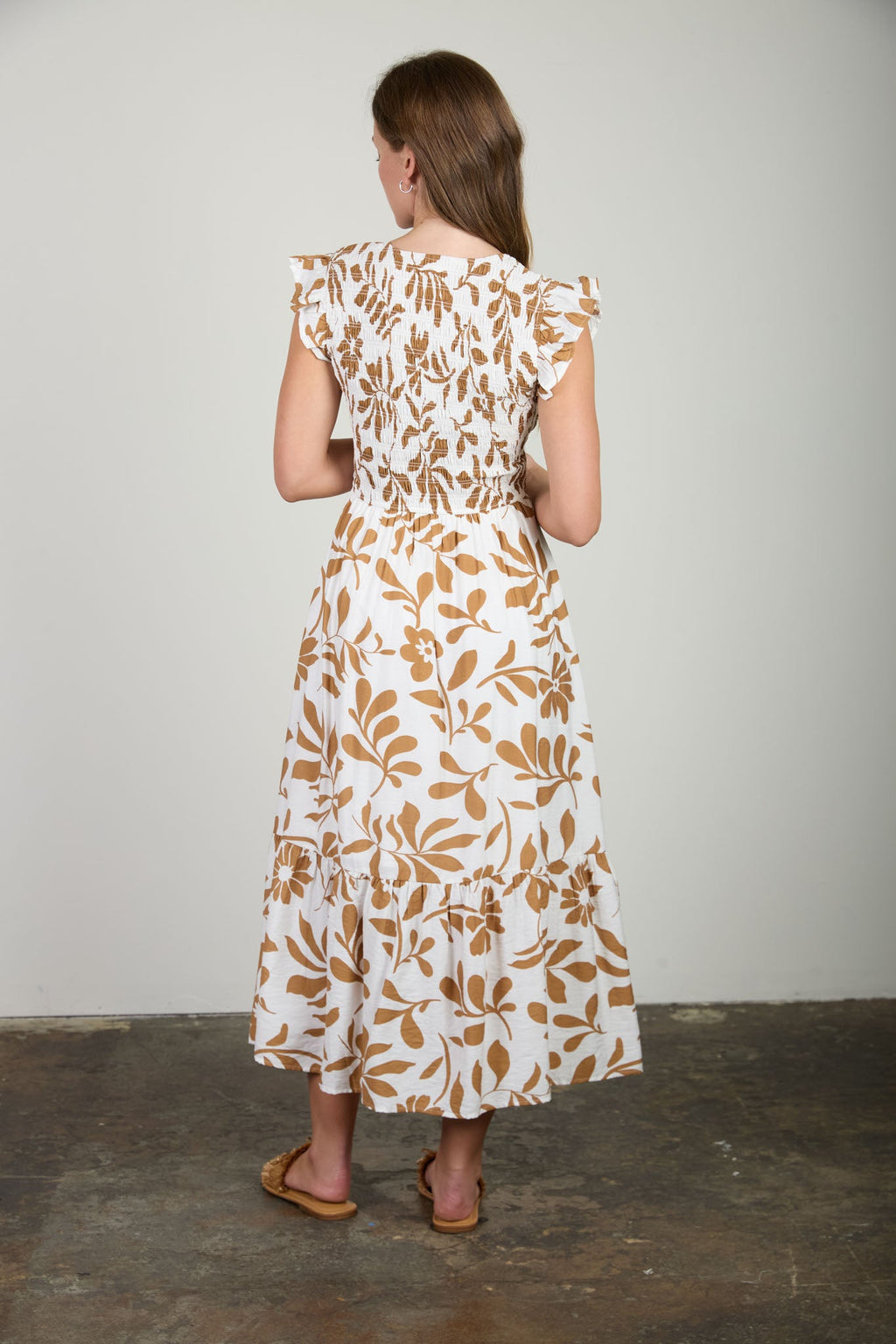 Floral Leaf Print Smocked Mock Button Midi Dress