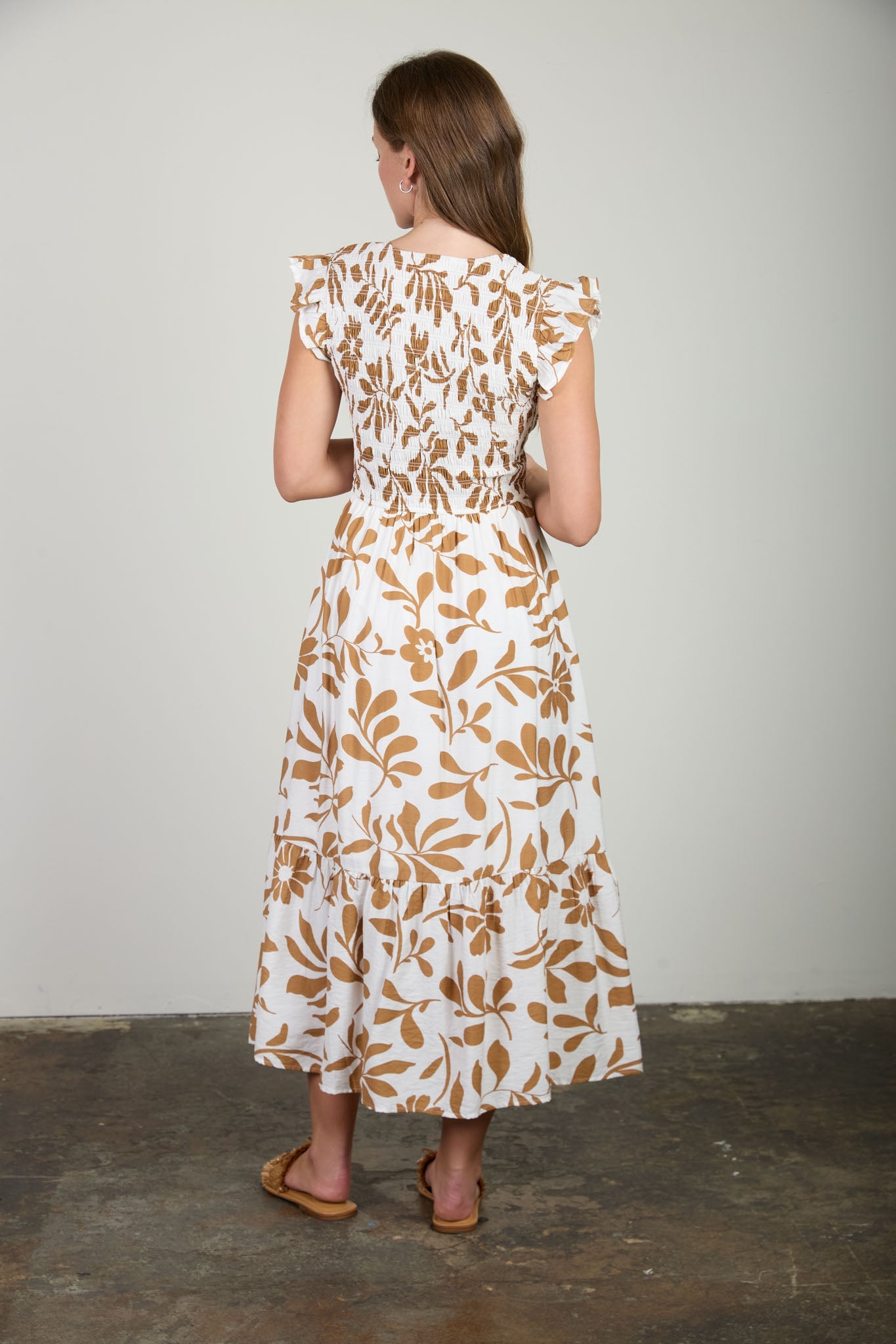 Floral Leaf Print Smocked Mock Button Midi Dress