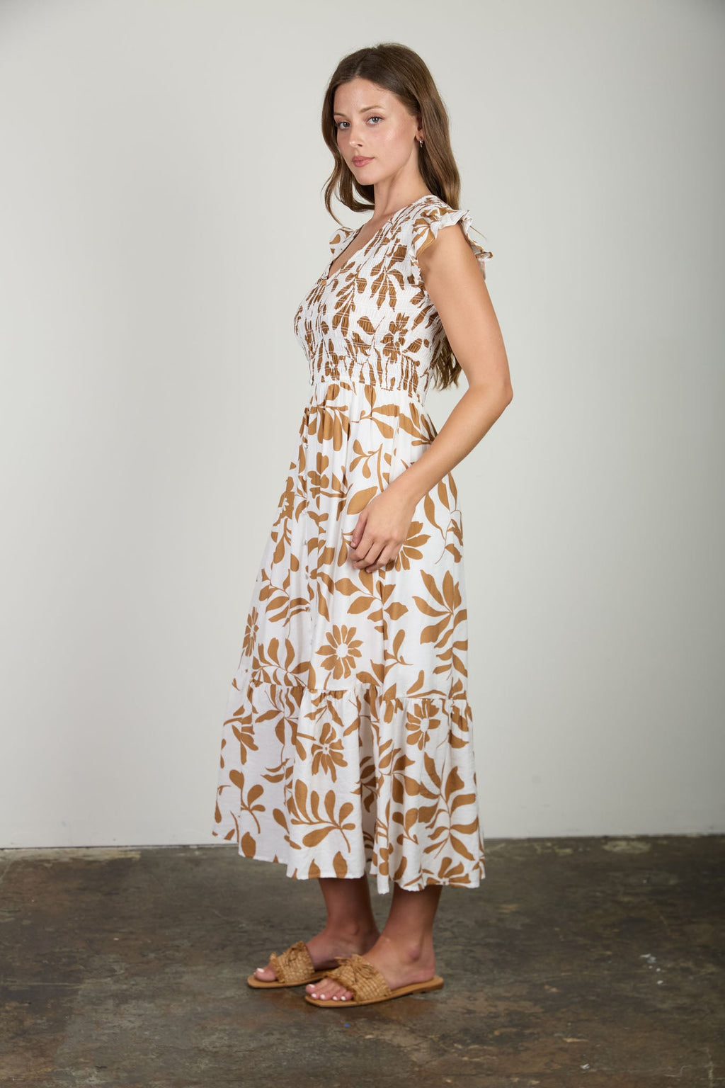 Floral Leaf Print Smocked Mock Button Midi Dress