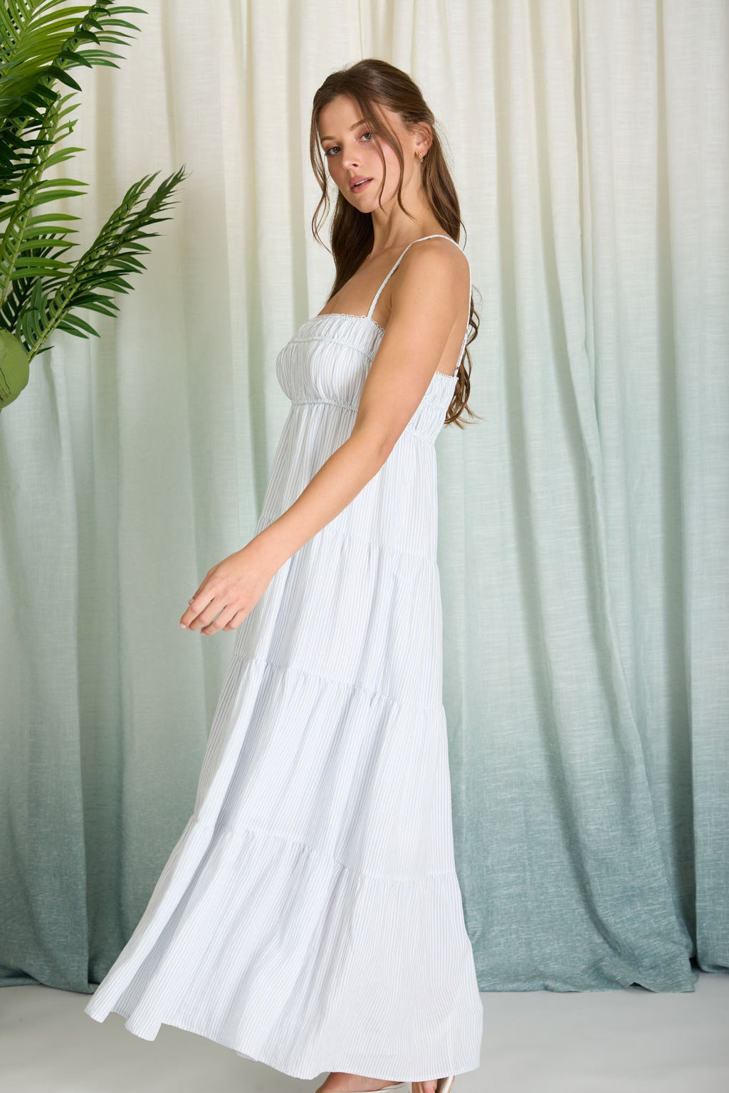 Stripe Shirred Empire Waist Tiered Midi Dress