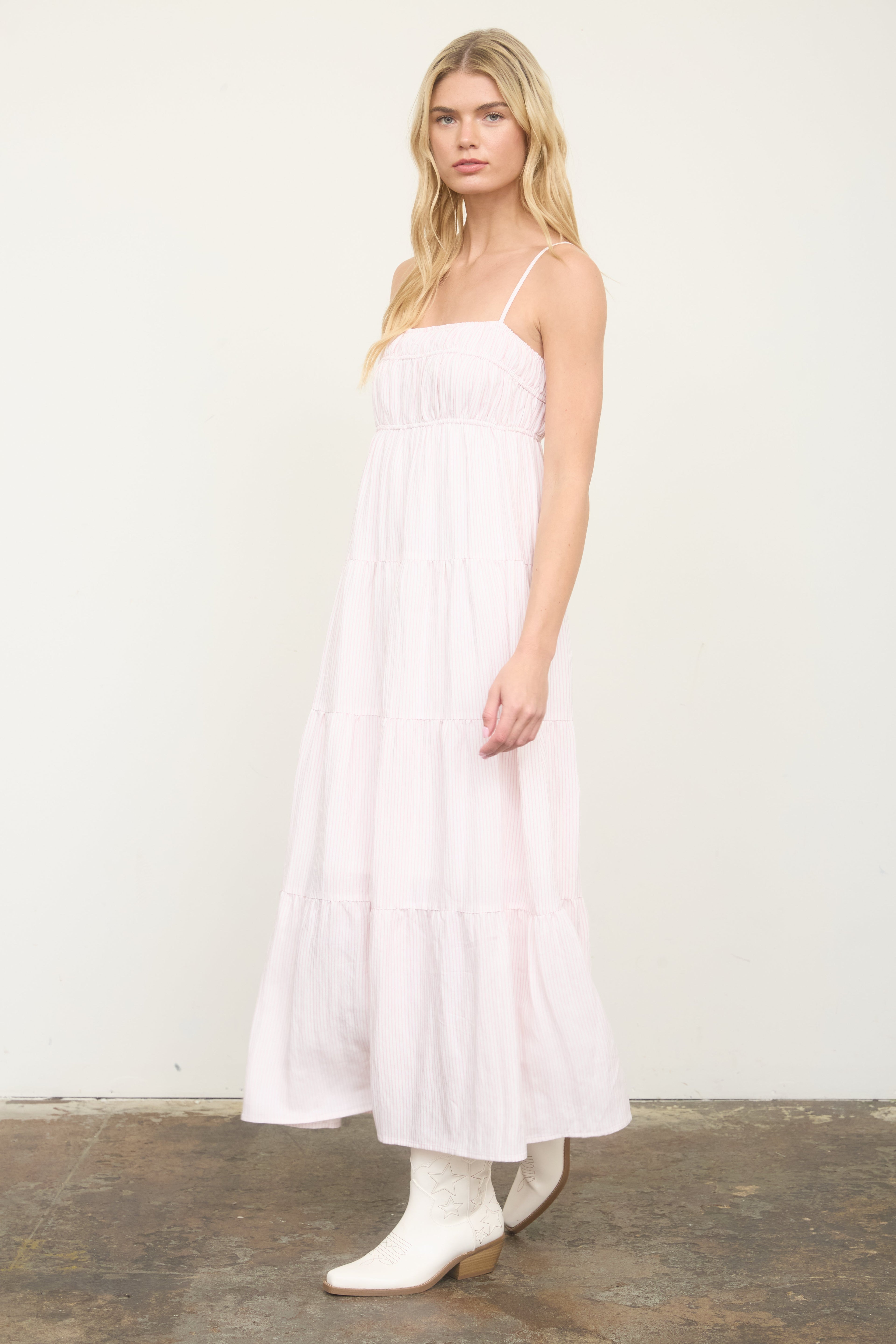 Stripe Shirred Empire Waist Tiered Midi Dress