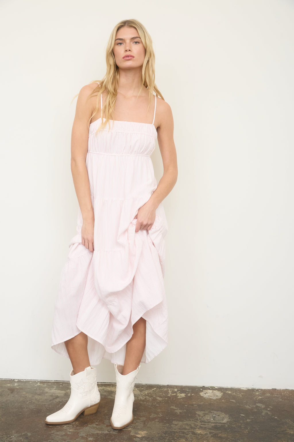Stripe Shirred Empire Waist Tiered Midi Dress