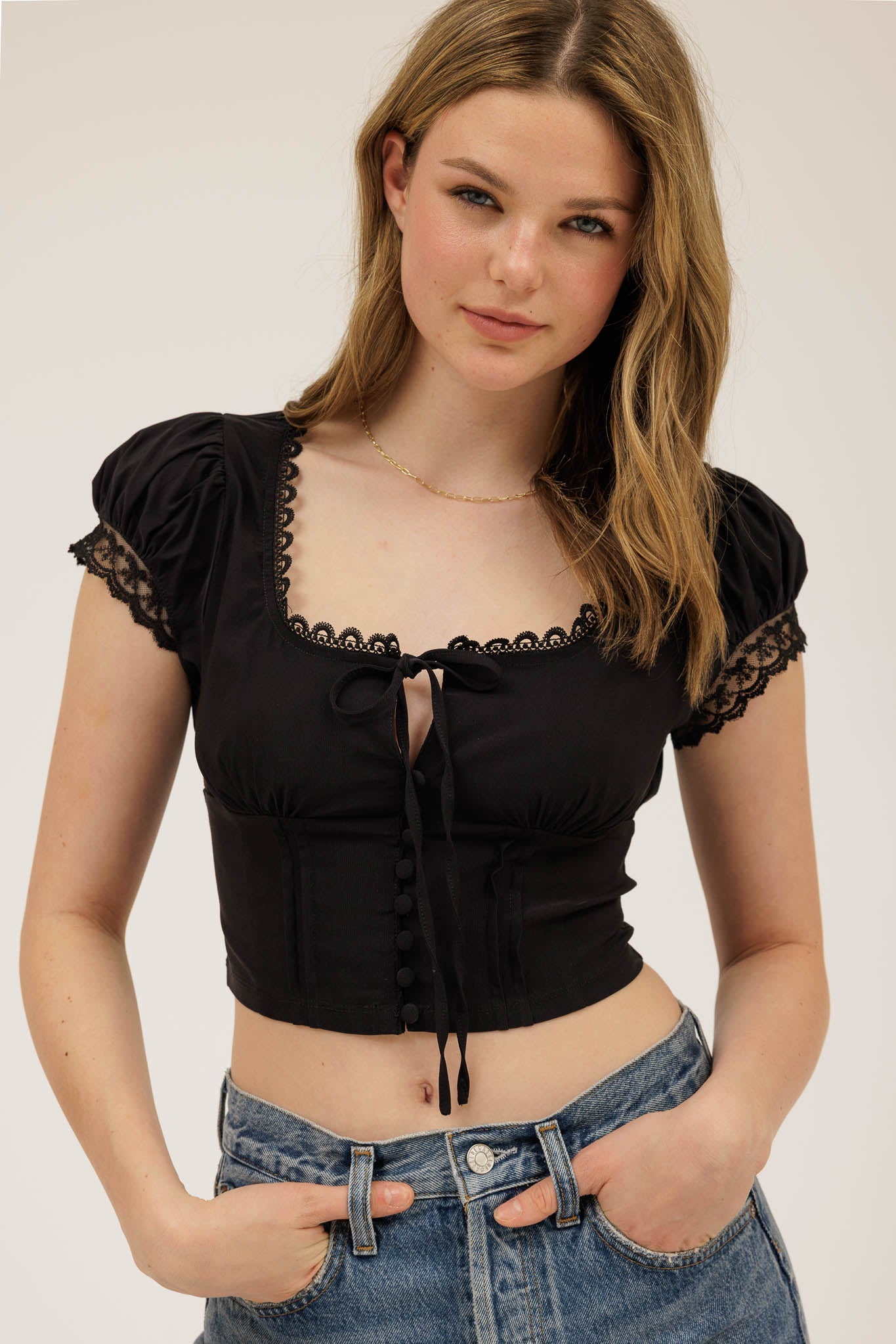 Lace Trim Button Down Front Tie Crop Top