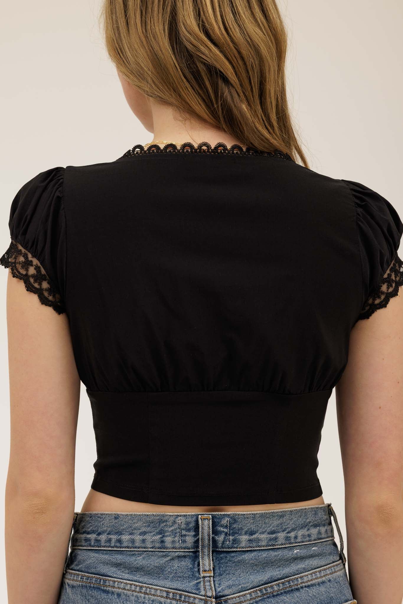 Lace Trim Button Down Front Tie Crop Top