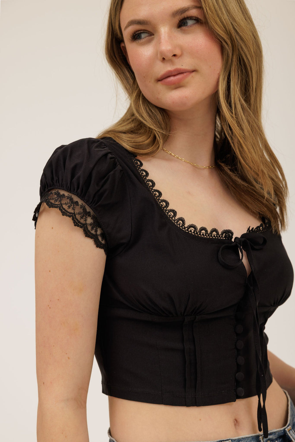 Lace Trim Button Down Front Tie Crop Top