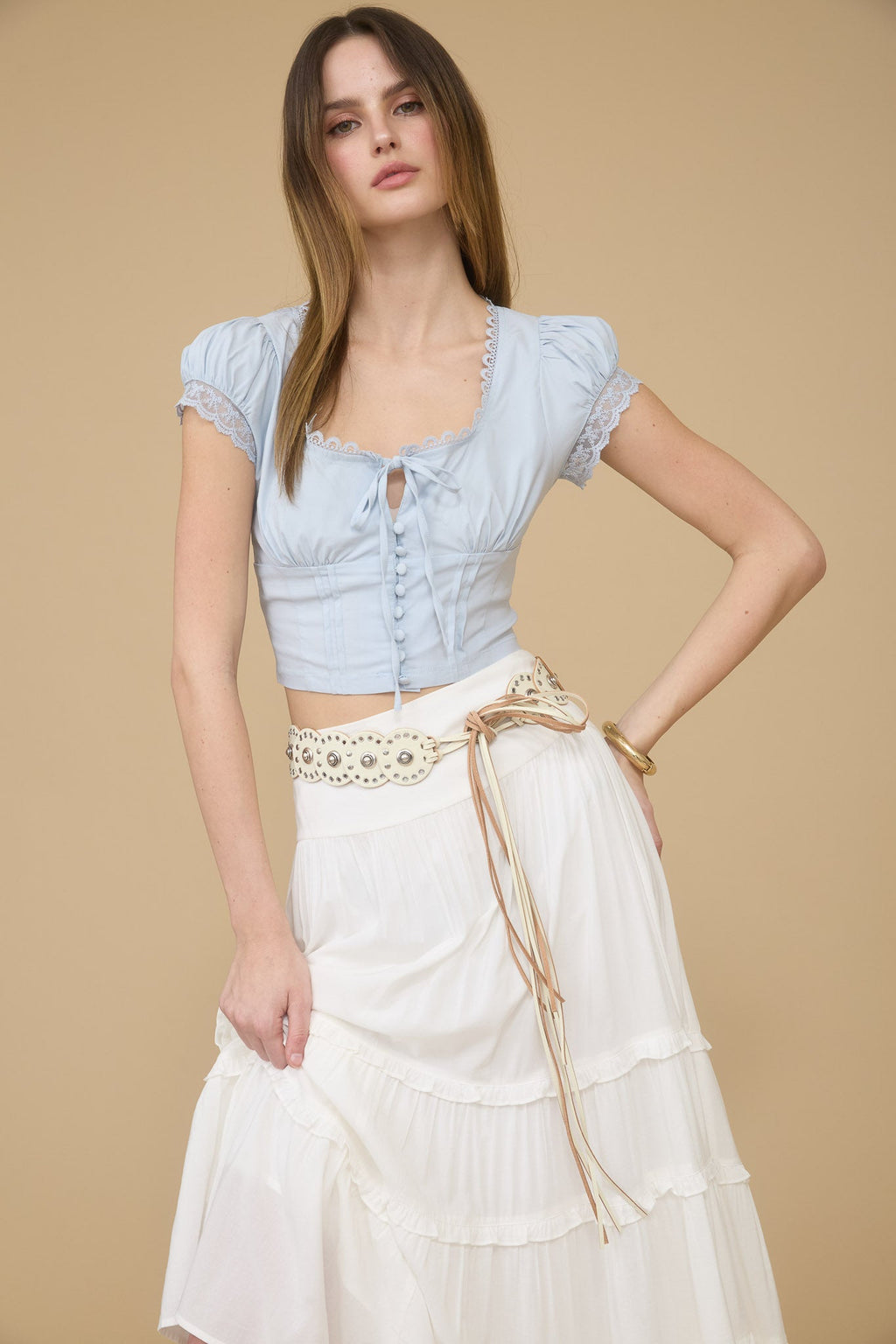 Lace Trim Button Down Front Tie Crop Top