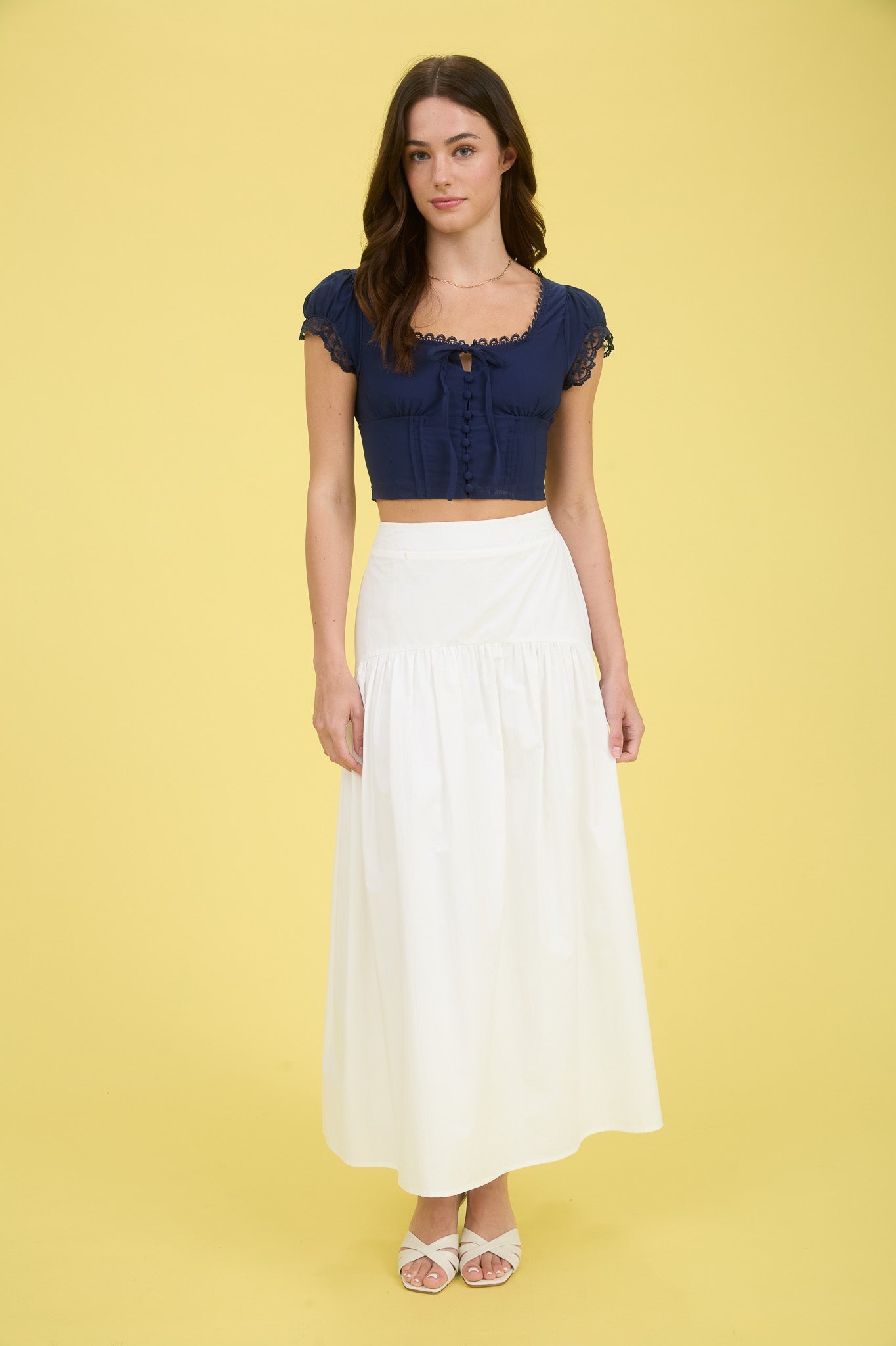 Lace Trim Button Down Front Tie Crop Top