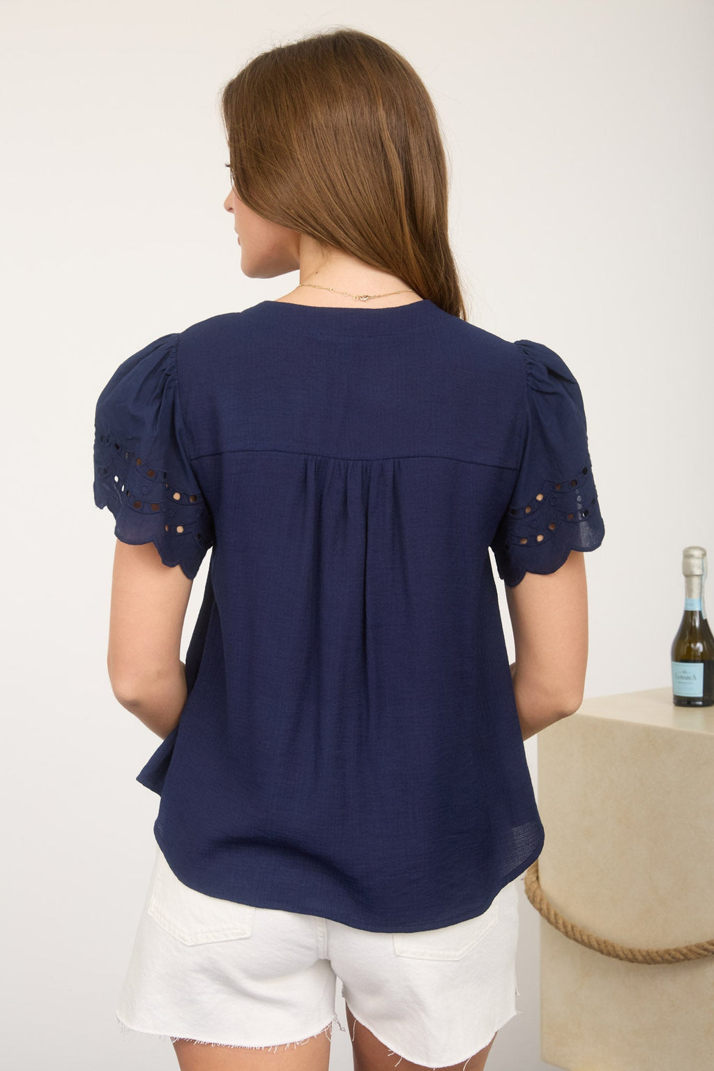 Eyelet Detail Button Down Scallop Sleeve Top