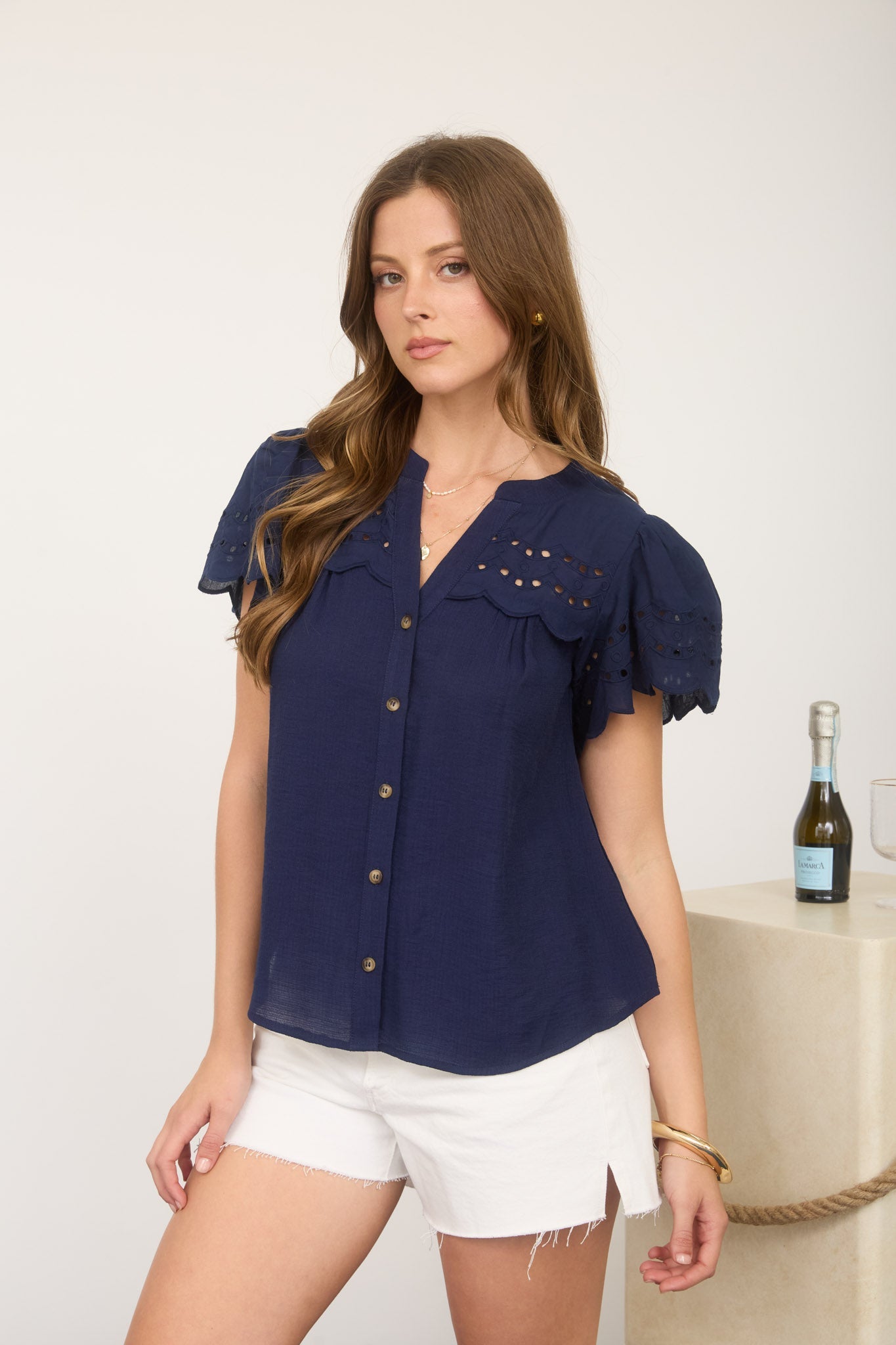 Eyelet Detail Button Down Scallop Sleeve Top