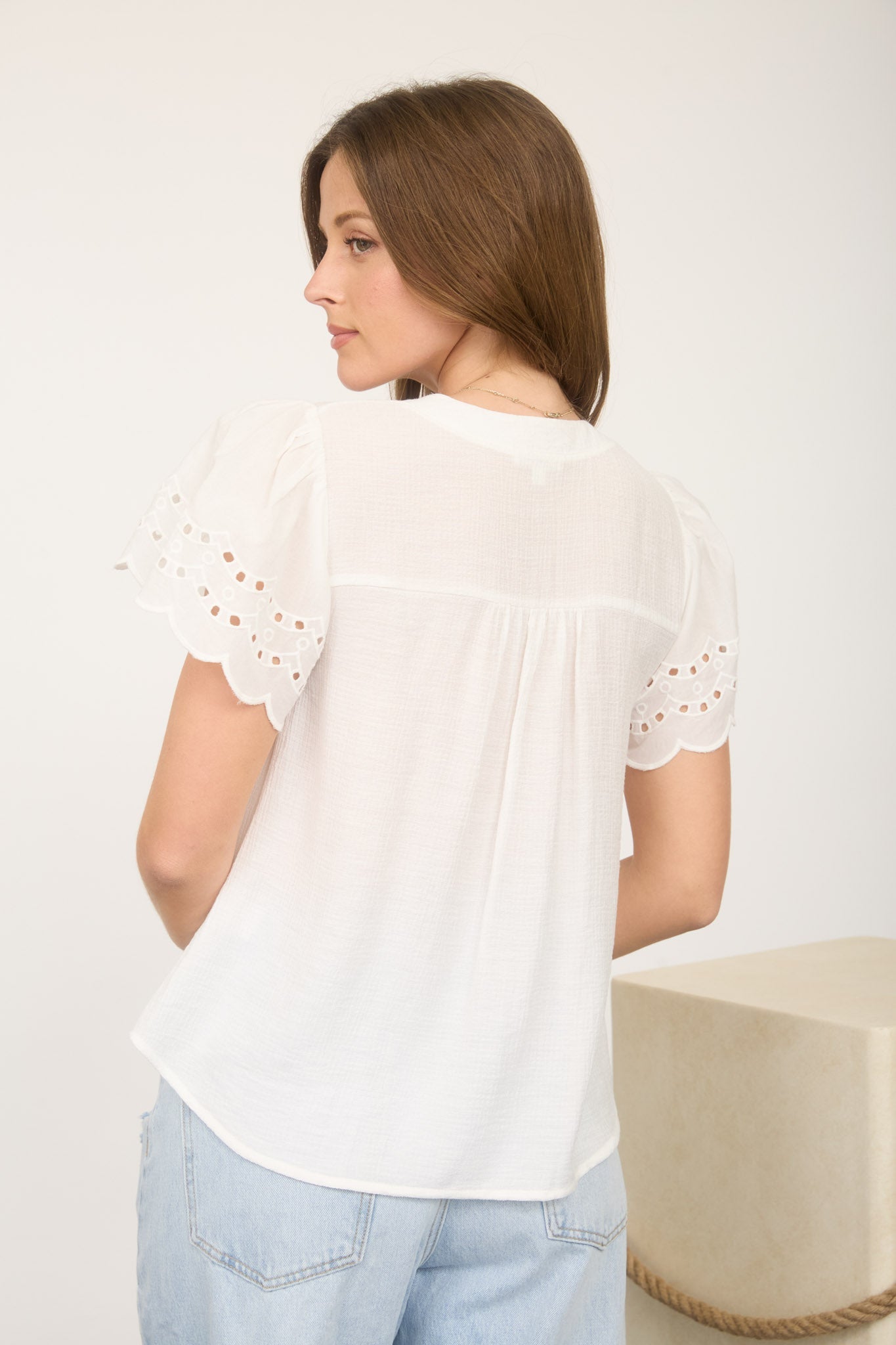 Eyelet Detail Button Down Scallop Sleeve Top