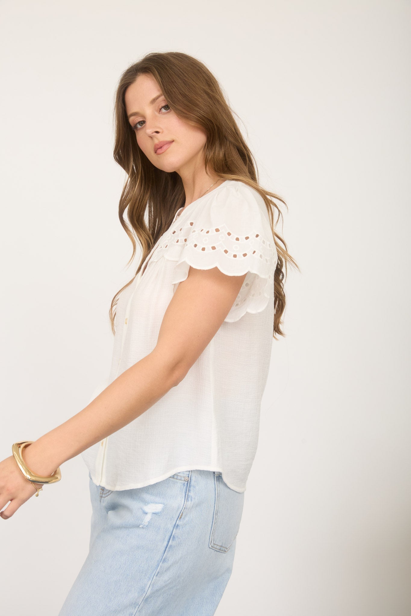 Eyelet Detail Button Down Scallop Sleeve Top