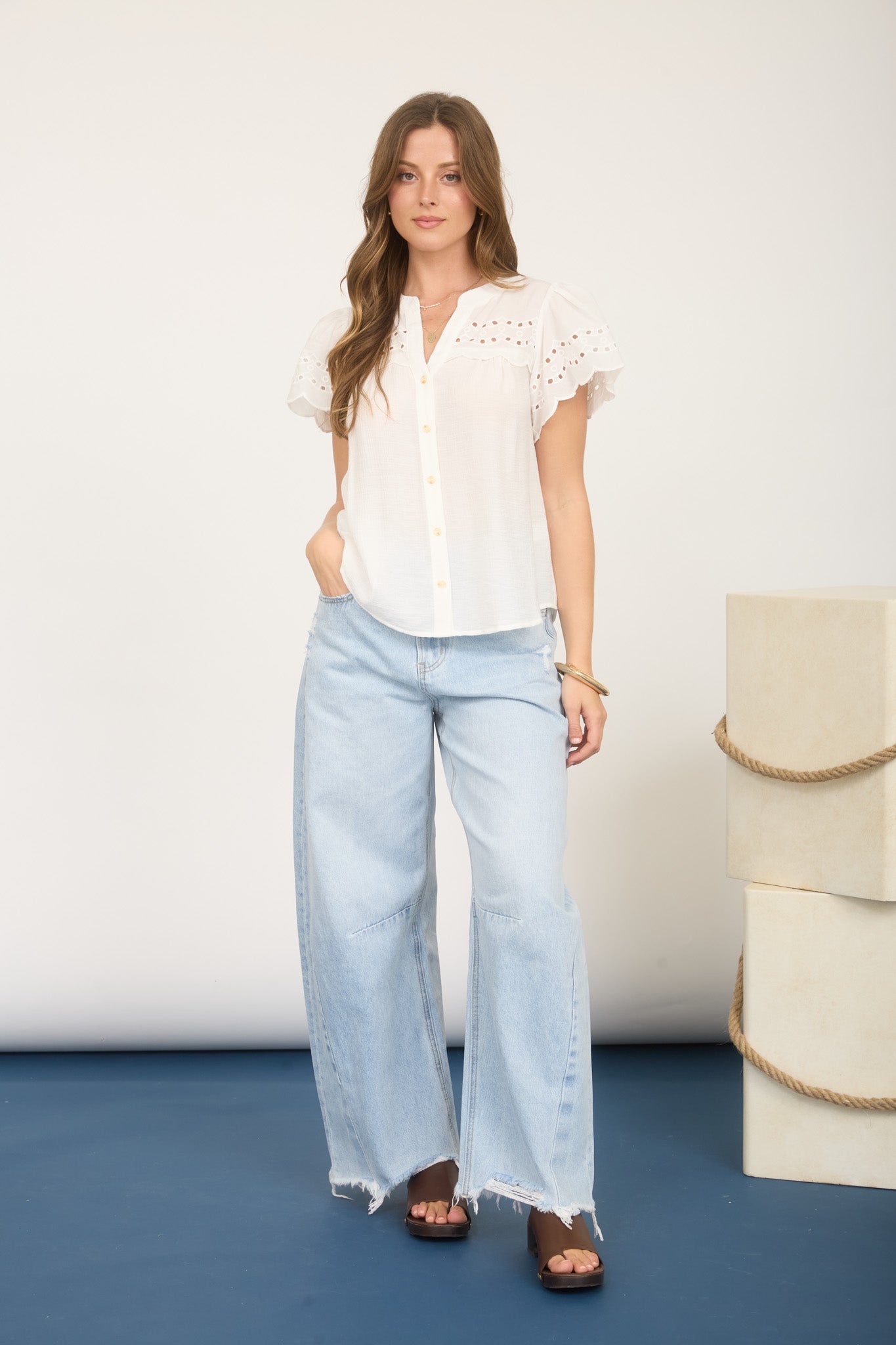 Eyelet Detail Button Down Scallop Sleeve Top