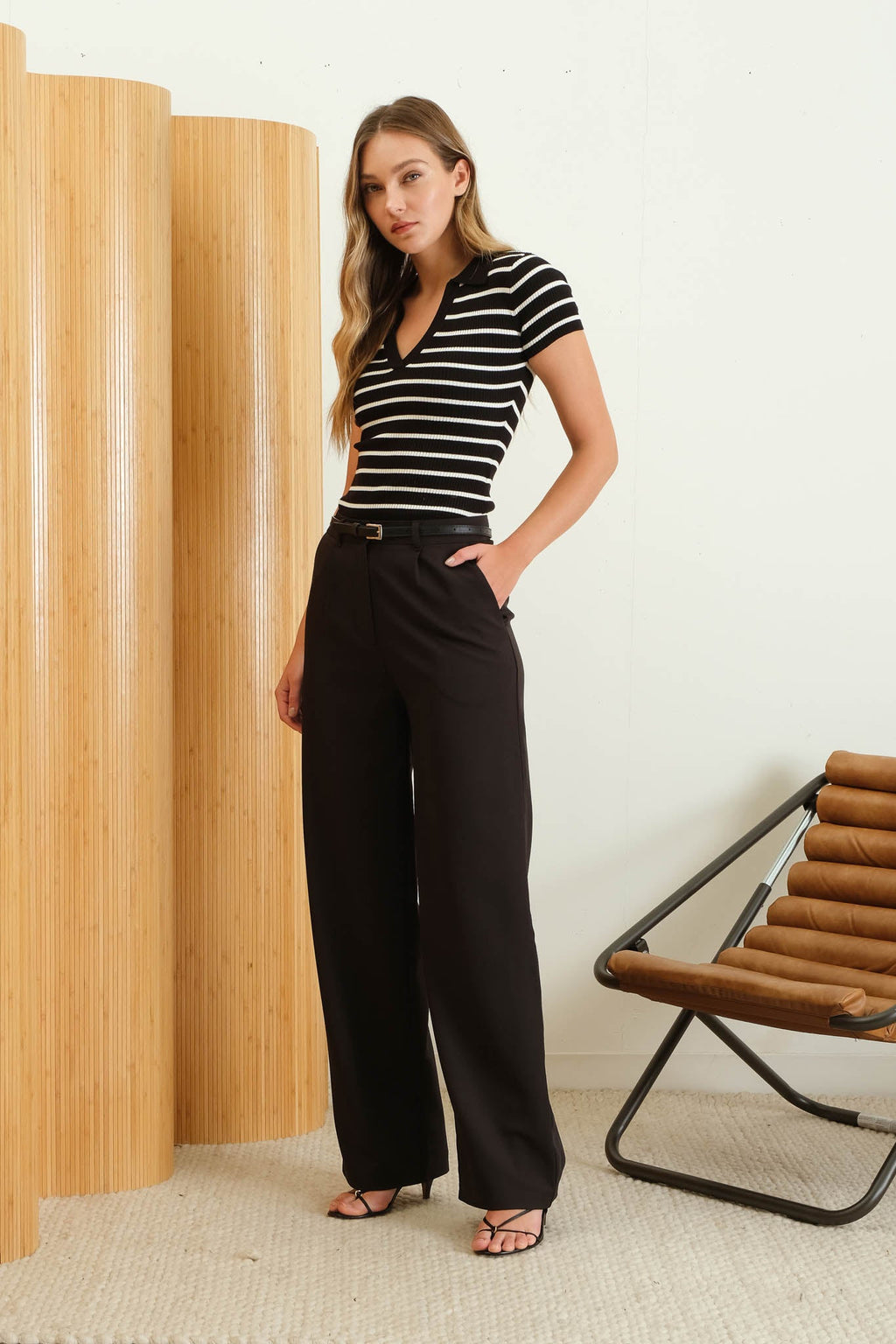 Stripe Collared Short Sleeve Sweater Knit Top