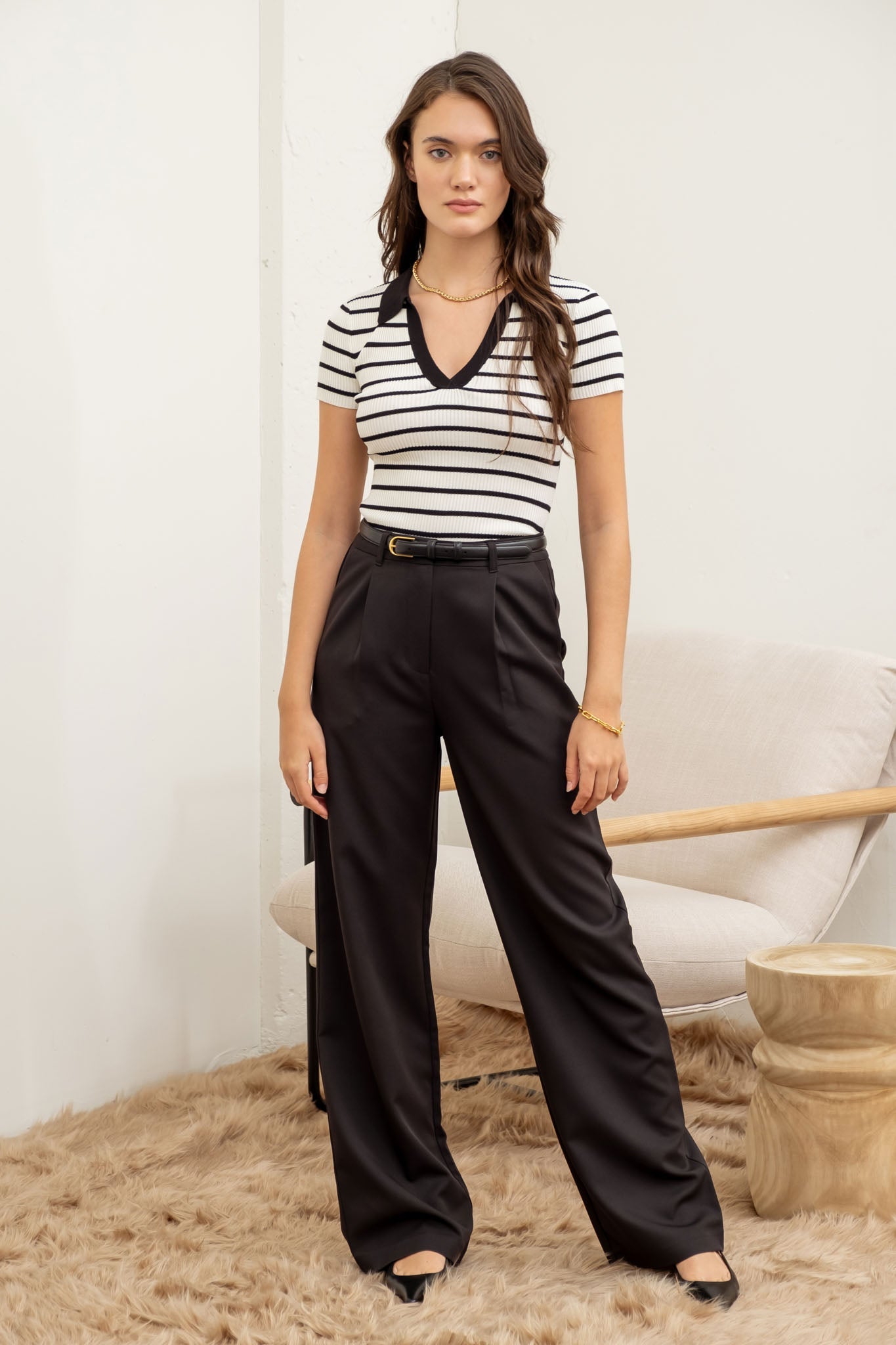 Stripe Collared Short Sleeve Sweater Knit Top