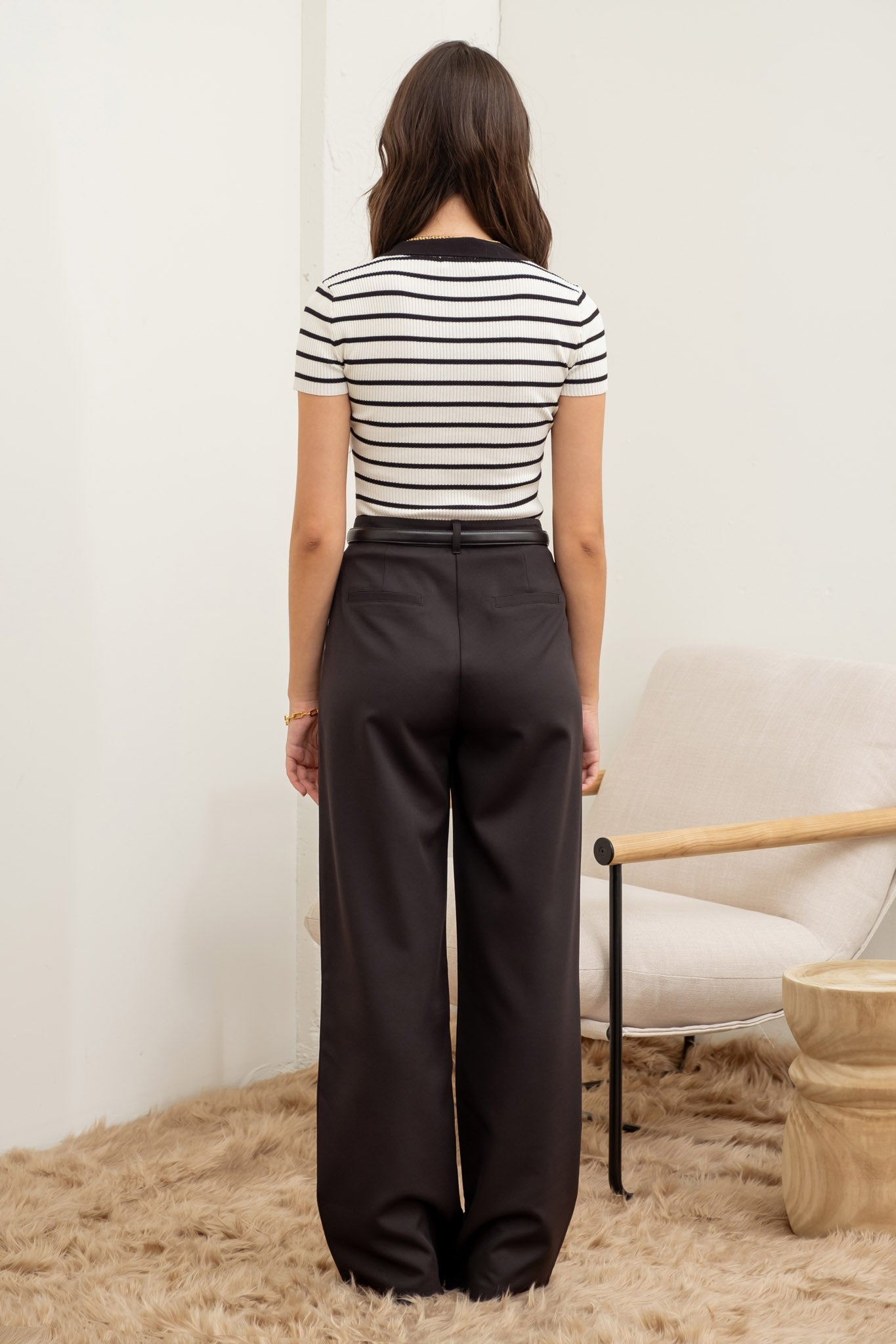 Stripe Collared Short Sleeve Sweater Knit Top