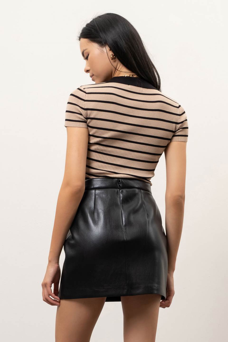 Stripe Collared Short Sleeve Sweater Knit Top