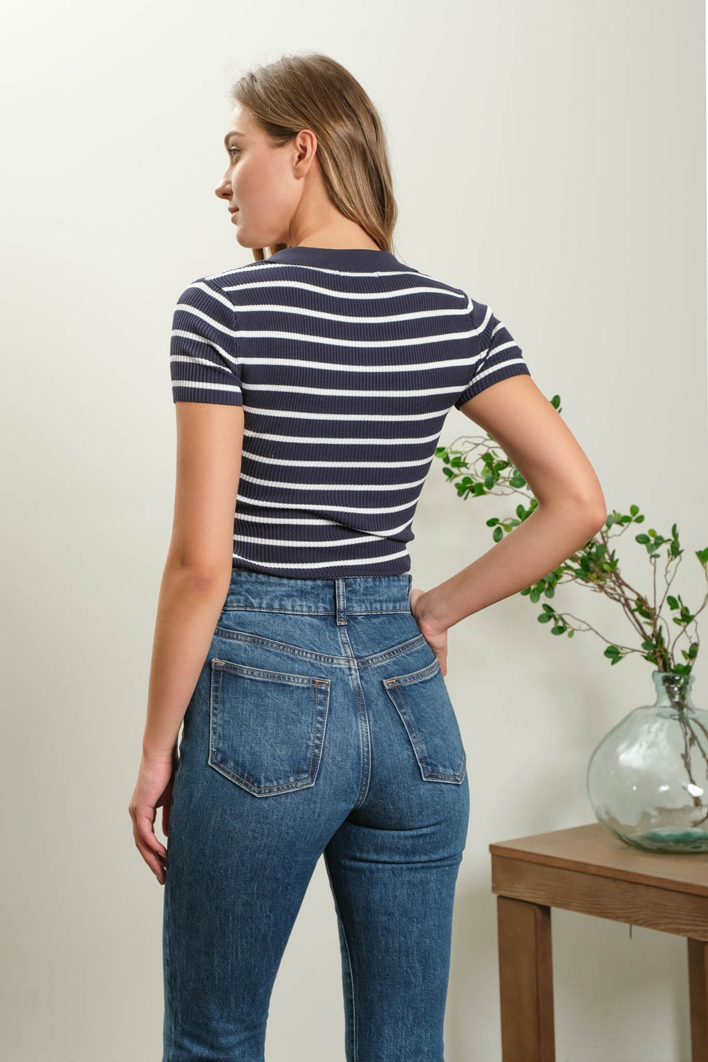 Stripe Collared Short Sleeve Sweater Knit Top