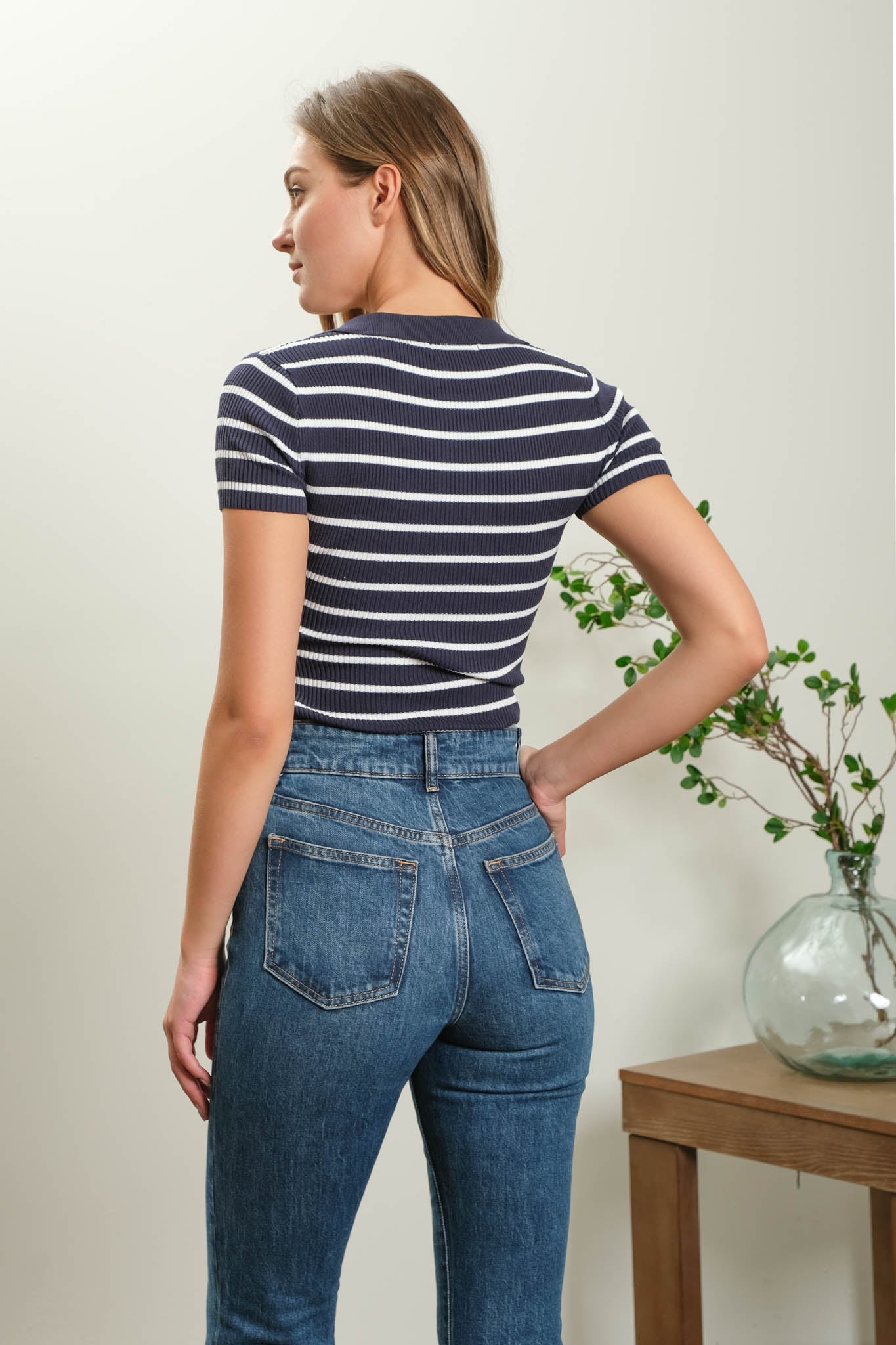 Stripe Collared Short Sleeve Sweater Knit Top