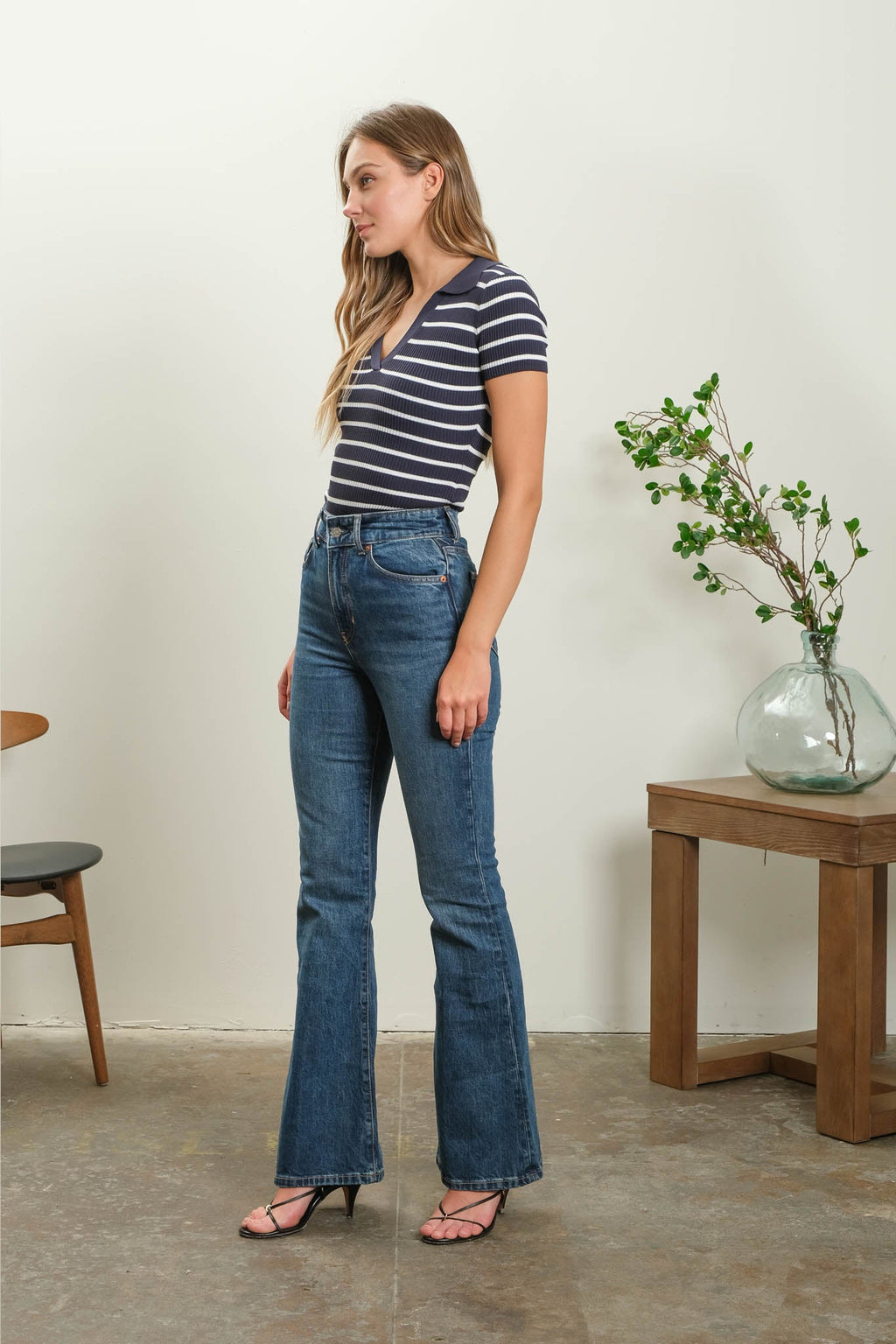 Stripe Collared Short Sleeve Sweater Knit Top