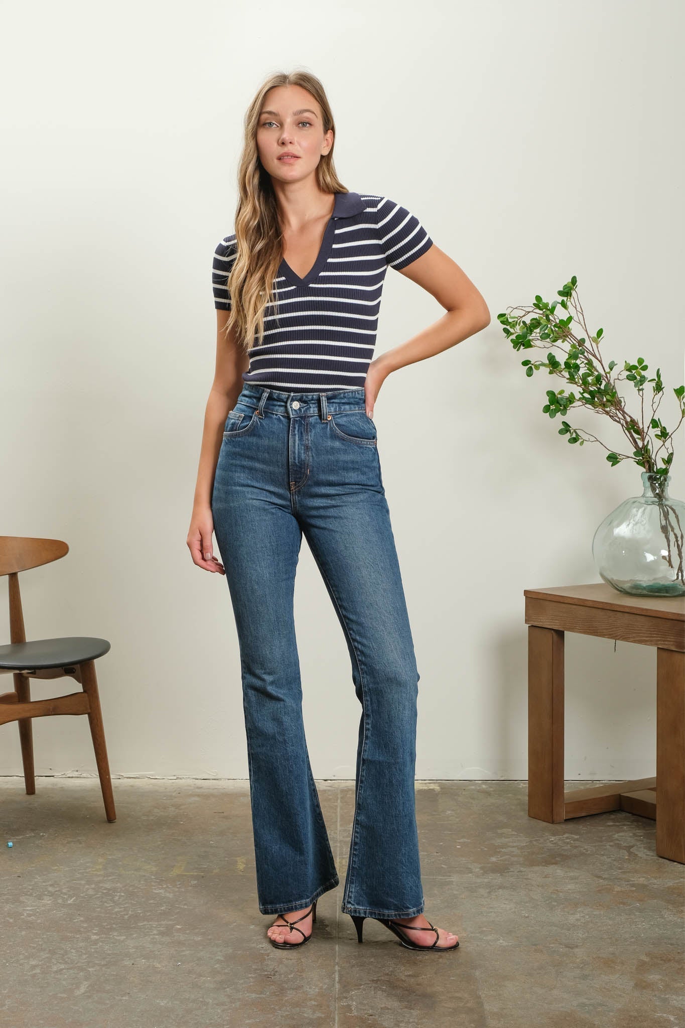Stripe Collared Short Sleeve Sweater Knit Top