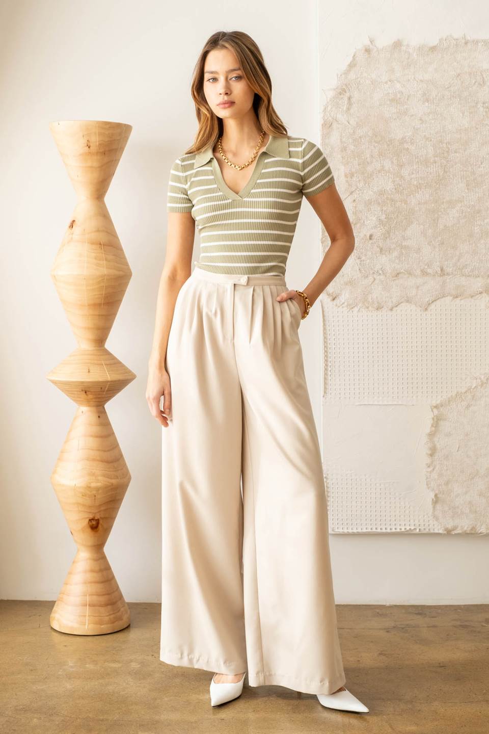 Stripe Collared Short Sleeve Sweater Knit Top