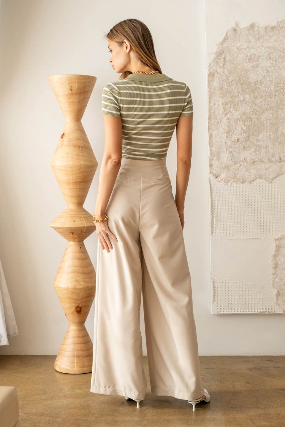 Stripe Collared Short Sleeve Sweater Knit Top