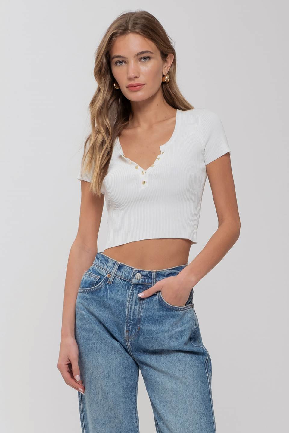 Snap Button Sweater Knit Crop Top