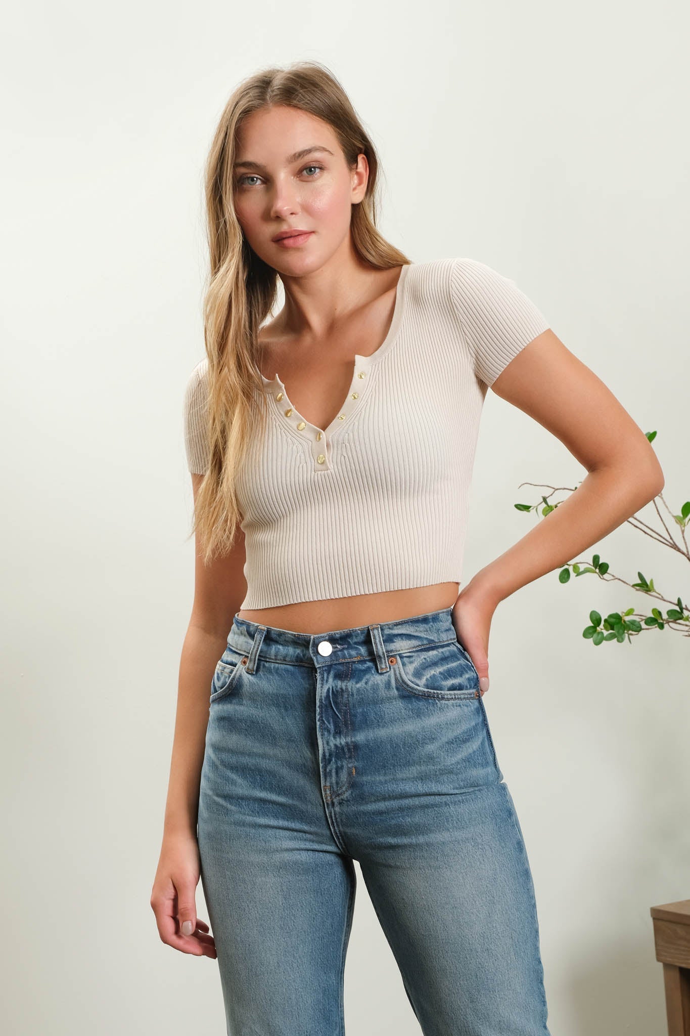 Snap Button Sweater Knit Crop Top