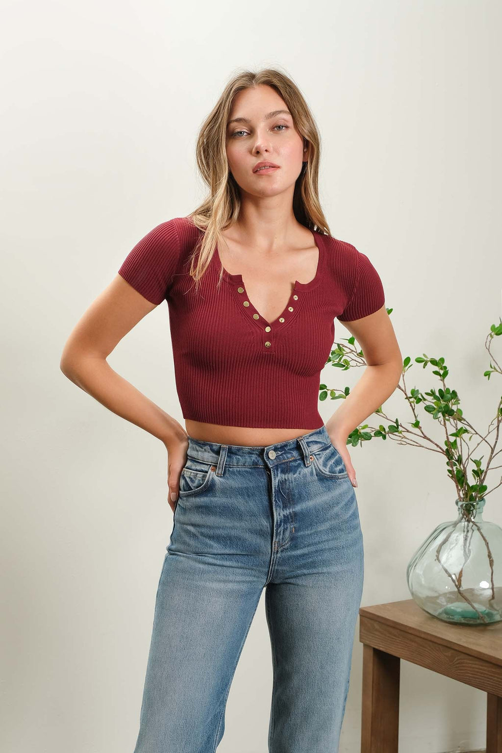Snap Button Sweater Knit Crop Top