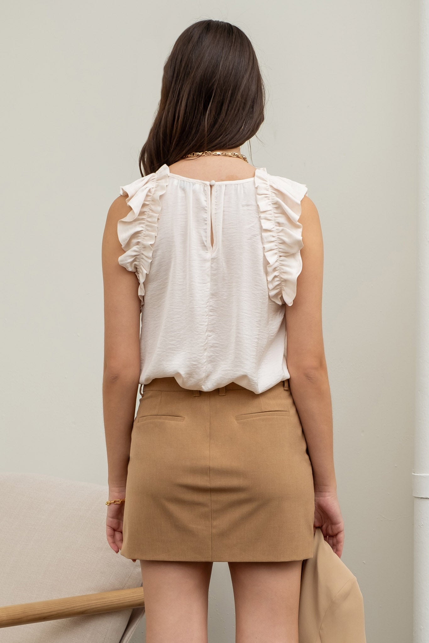 Sleeveless Ruffle Trim Blouse