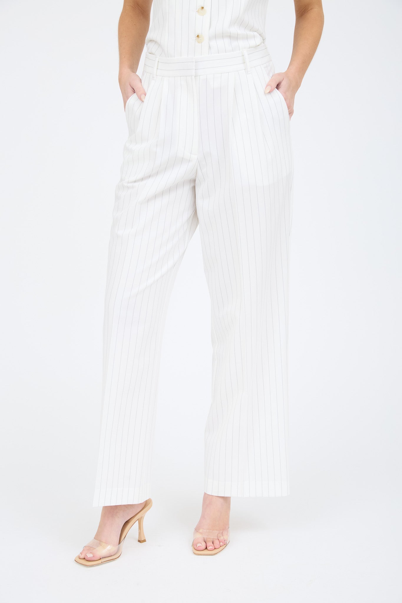 Pinstripe Pleated Wide Leg Dress Pants