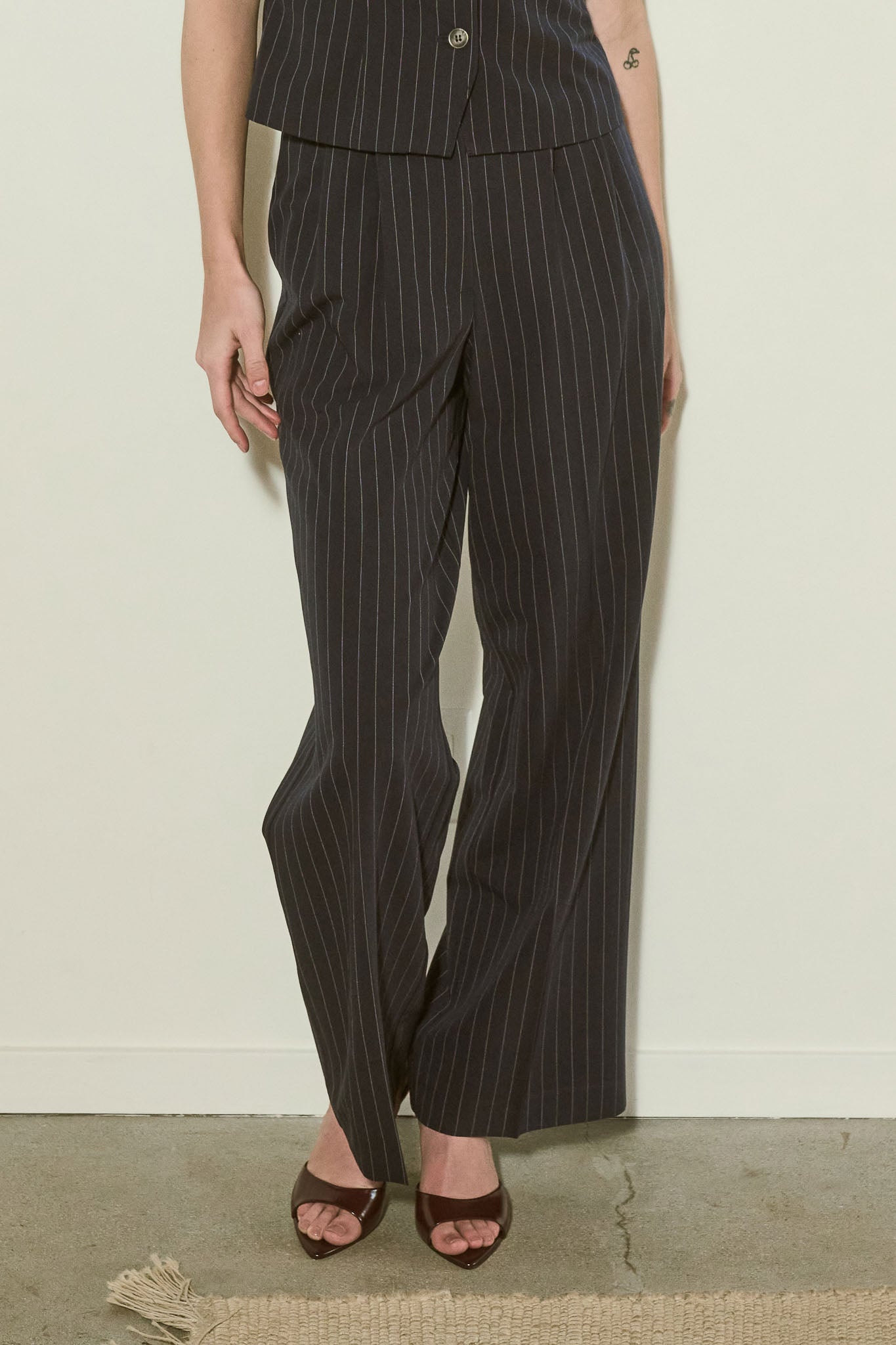 Pinstripe Pleated Wide Leg Dress Pants